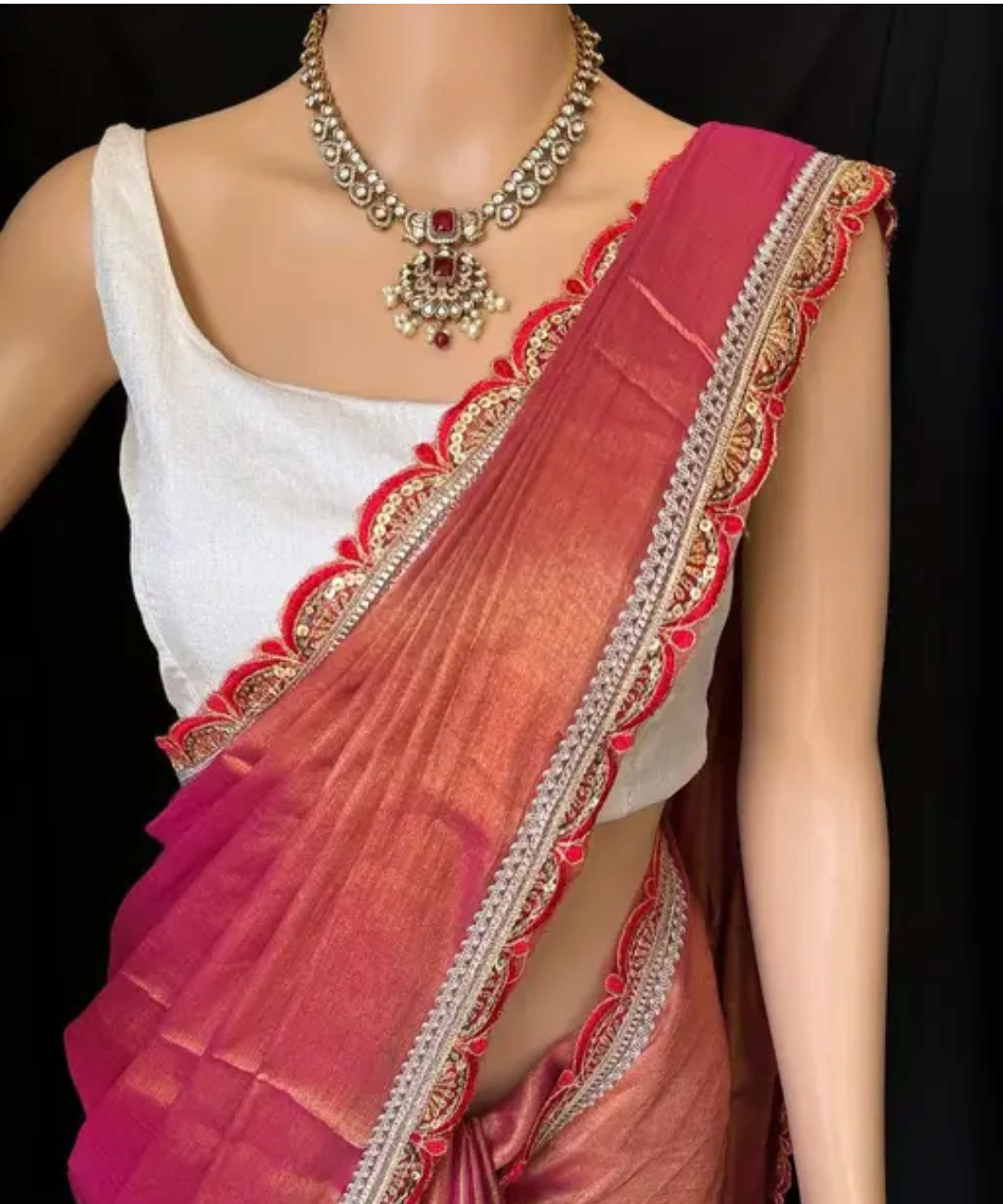 Bridal Designer Tissue Silk Embroidered Saree With Pallu With Blouse Piece 