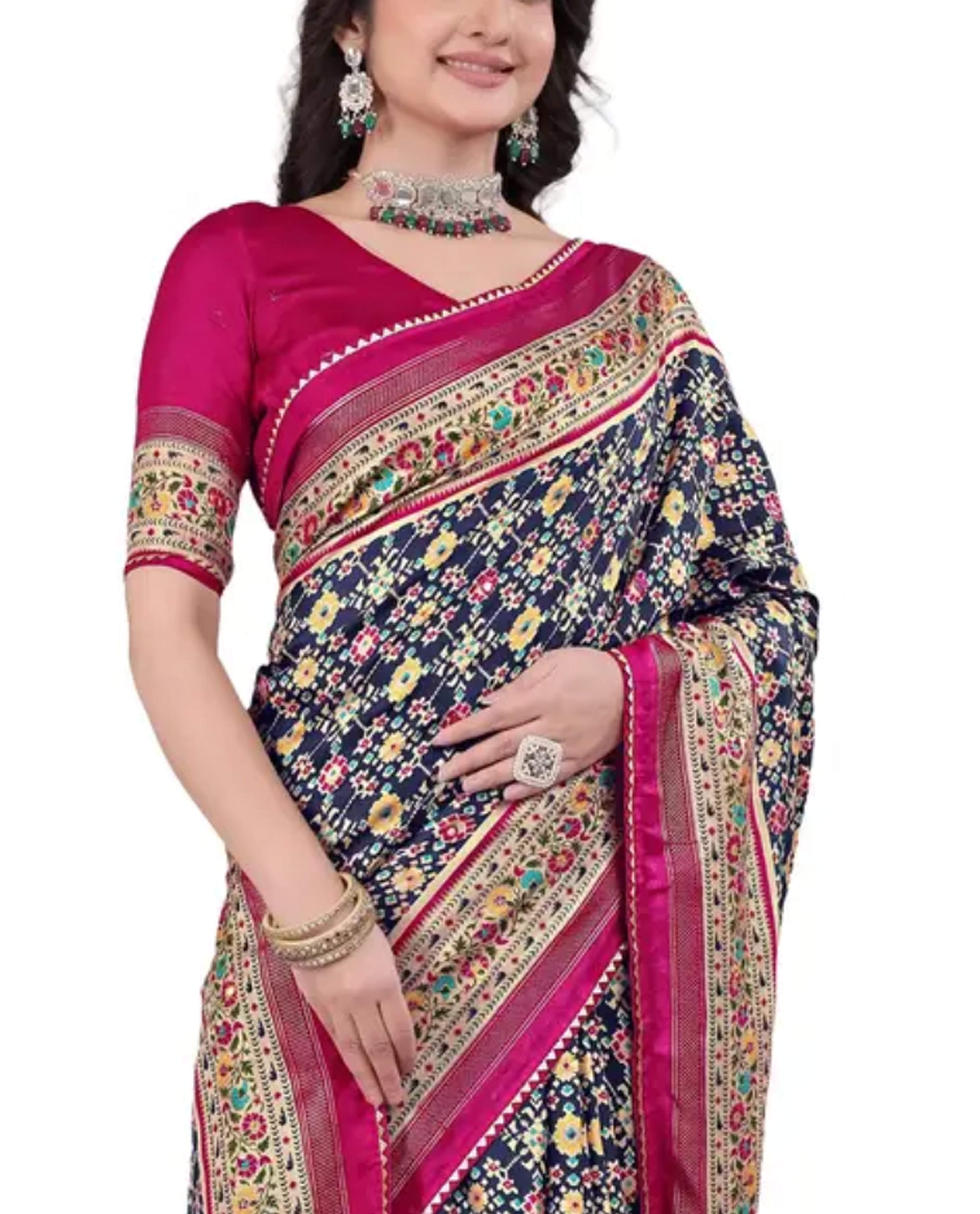  Kashmiri Pashmina Digital Saree Blue Pink with Traditional Meenakari Work  