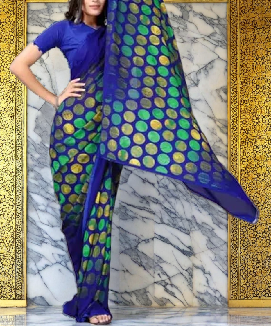 Women`s Polka Soft Heart Shape Georgette Embroidery Work Embellished With BP - Blue Peacock