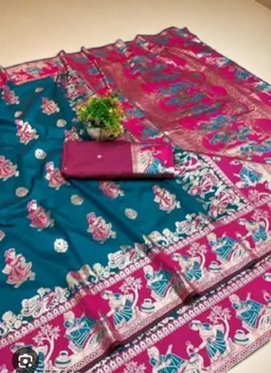 Women`s Pure Baluchari Saree Handwoven Traditional Design - Parrot Green