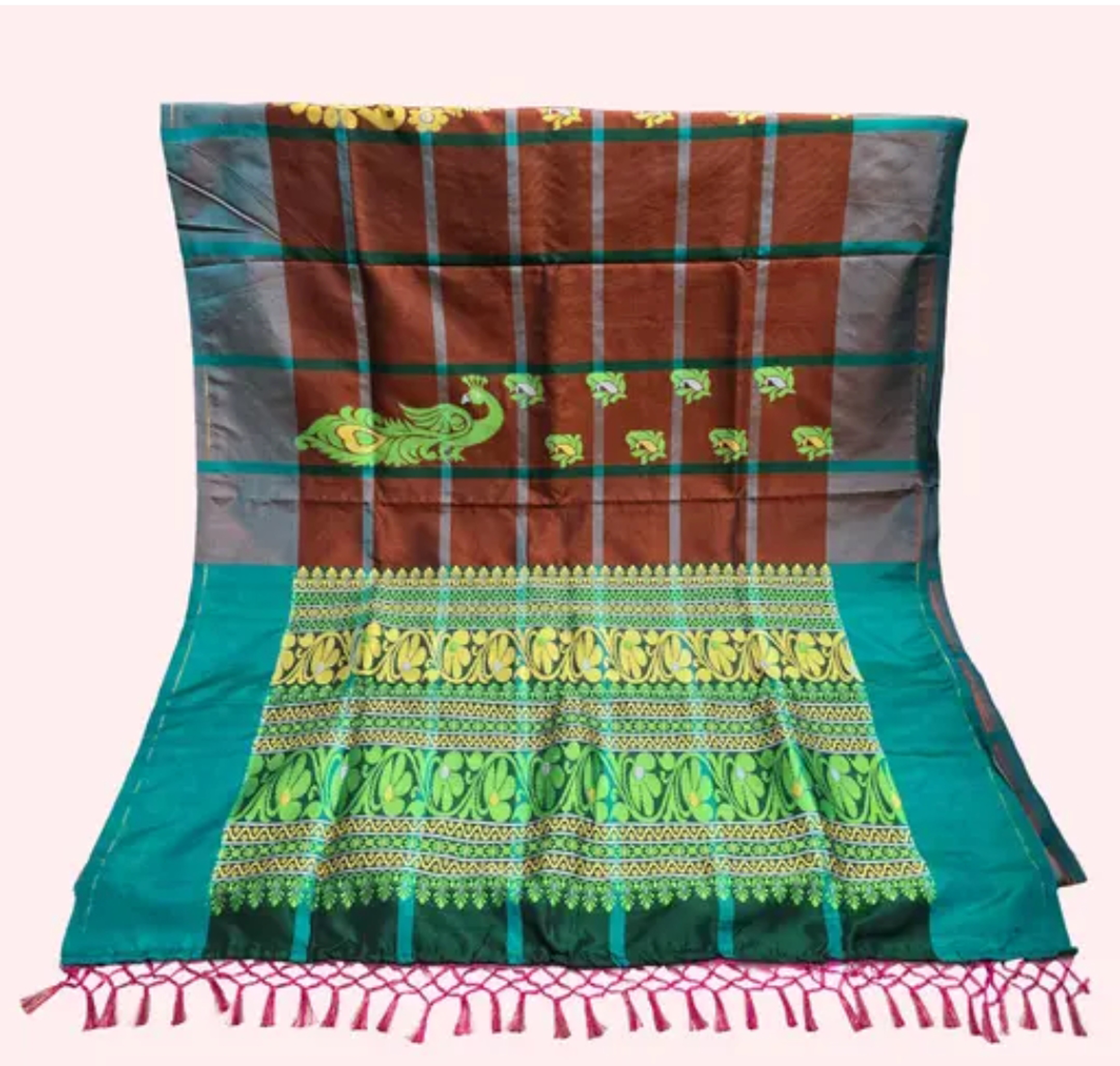 Adibasi Tribal Santali Saree Panchi Lumang Embroidered Brown Green