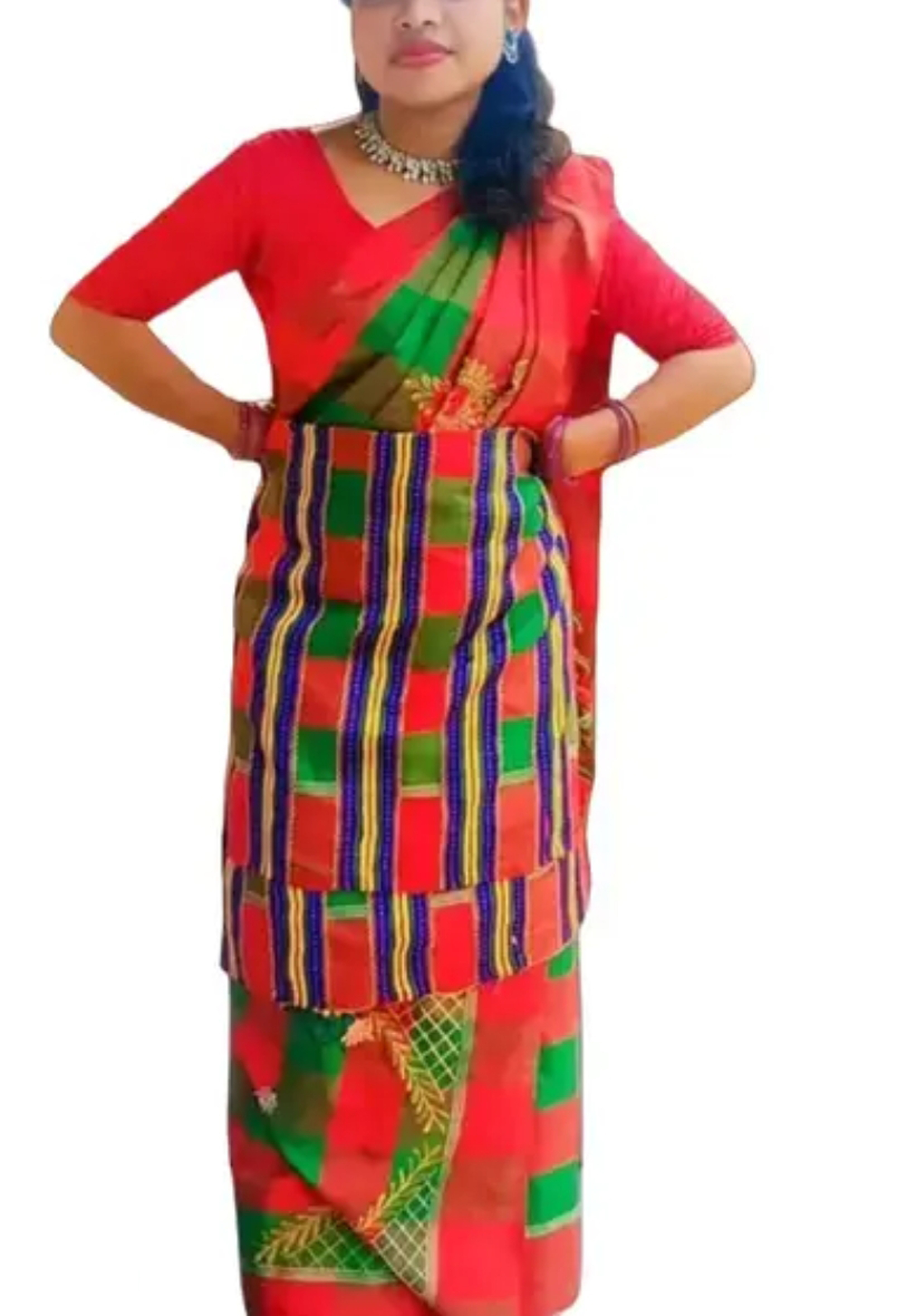 Adibasi Tribal Santali Cotton Saree Panchi Lumang Embroidered Red Green