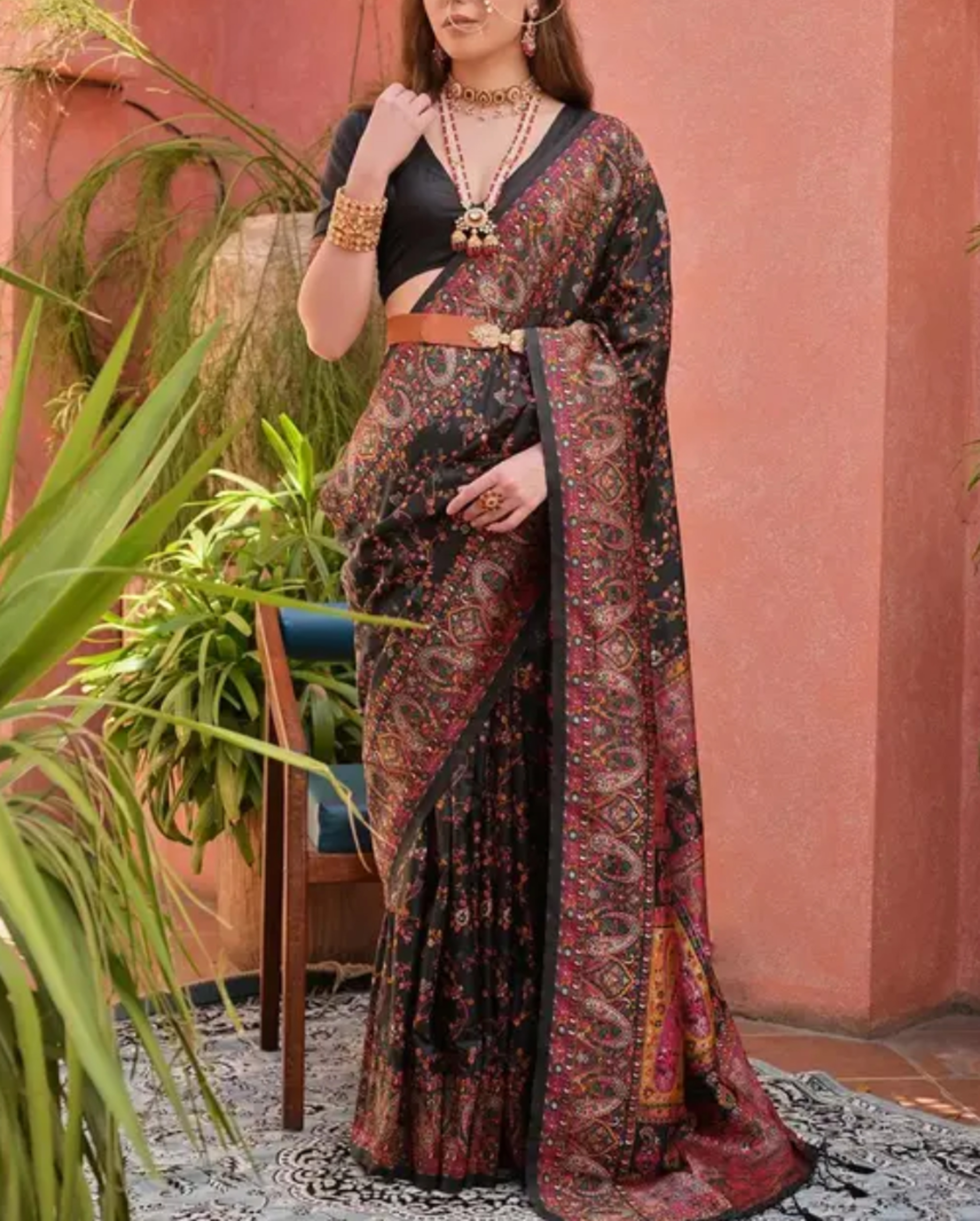  Kashmiri Pashmina Jamawar Silk Black Saree with Traditional Meenakari Work  