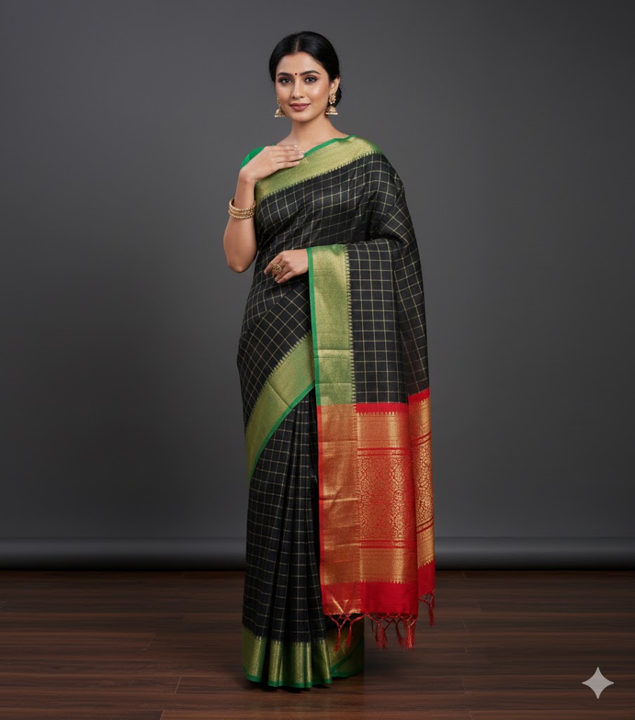 Pure Kunbi Goa Saree Handwoven Traditional Design With BP - Green Red