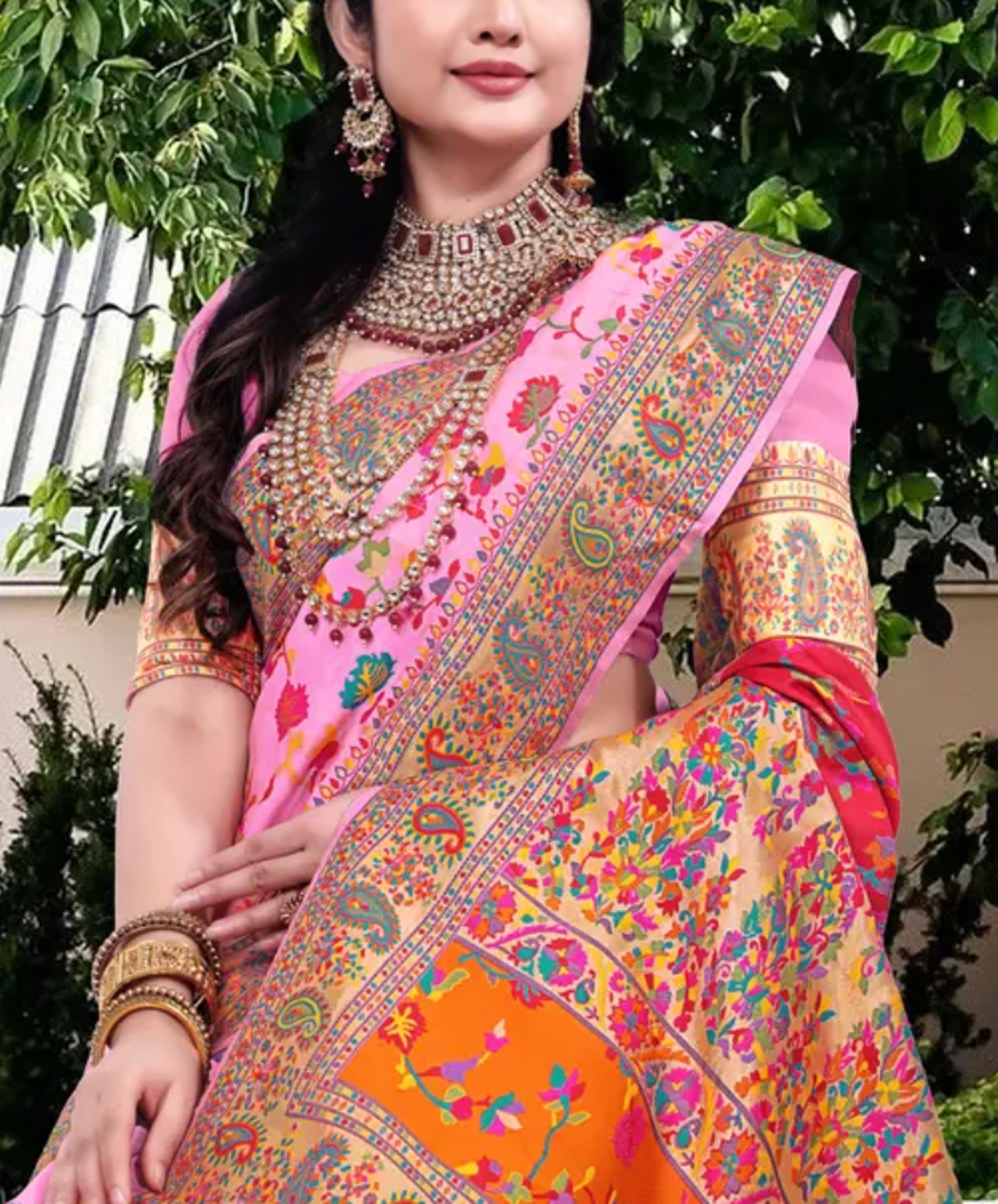 Kashmiri Pashmina Silk Pink Saree with Traditional Meenakari Work 