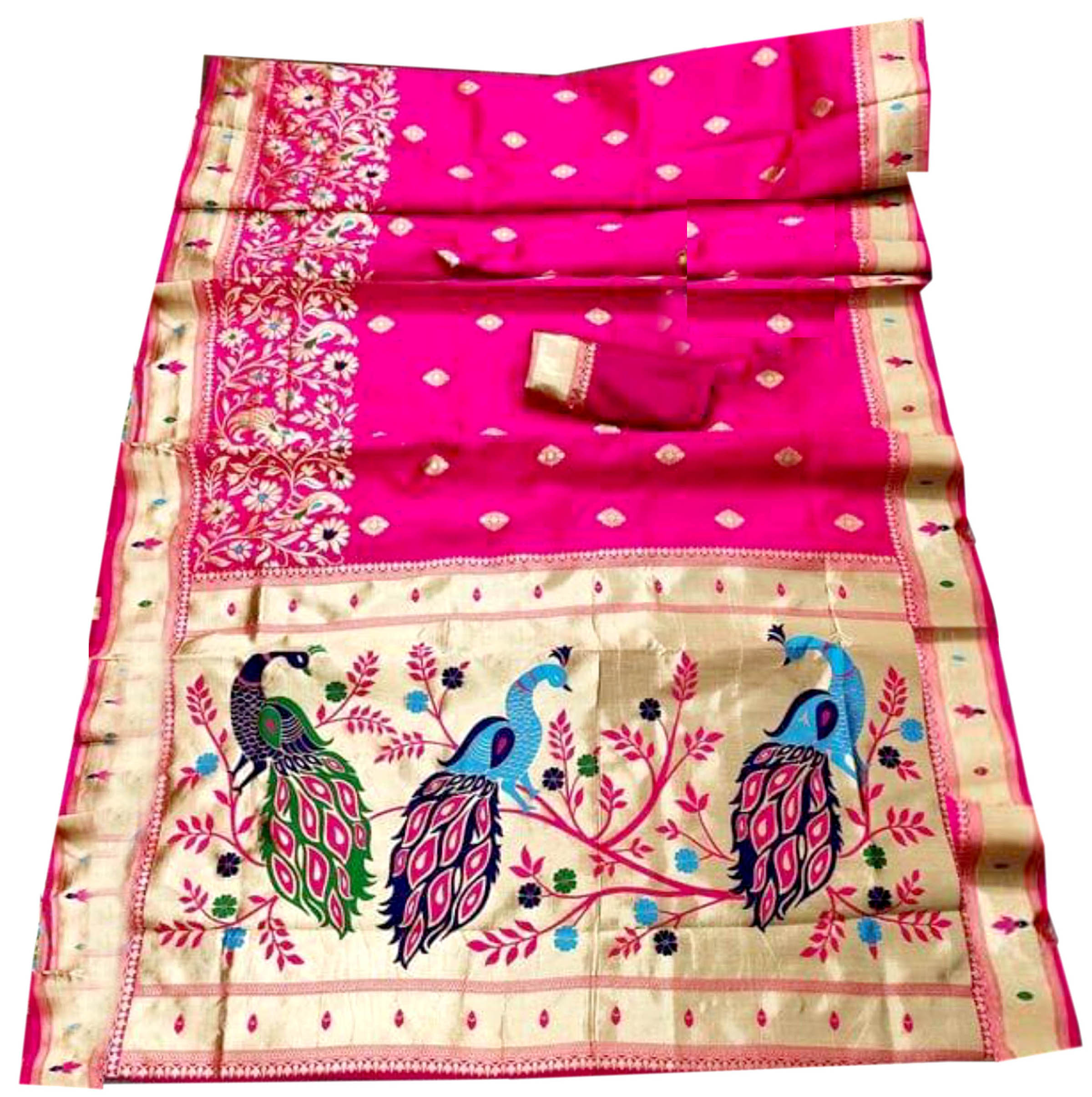 Paithani Silk Saree With Traditional Woven Peacock Design with Contrast Blouse Piece