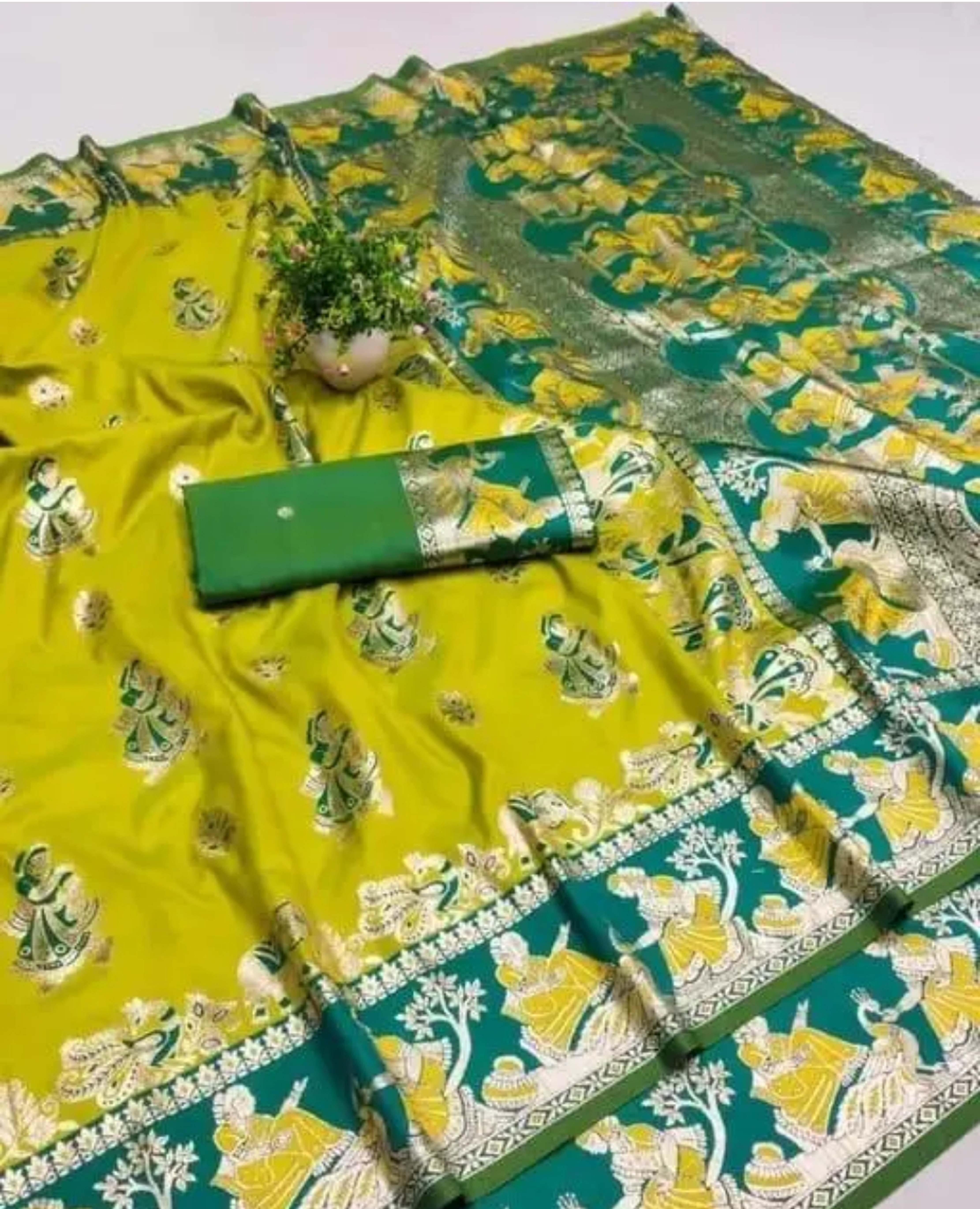Women`s Pure Baluchari Saree Handwoven Traditional Design With BP - Light Green