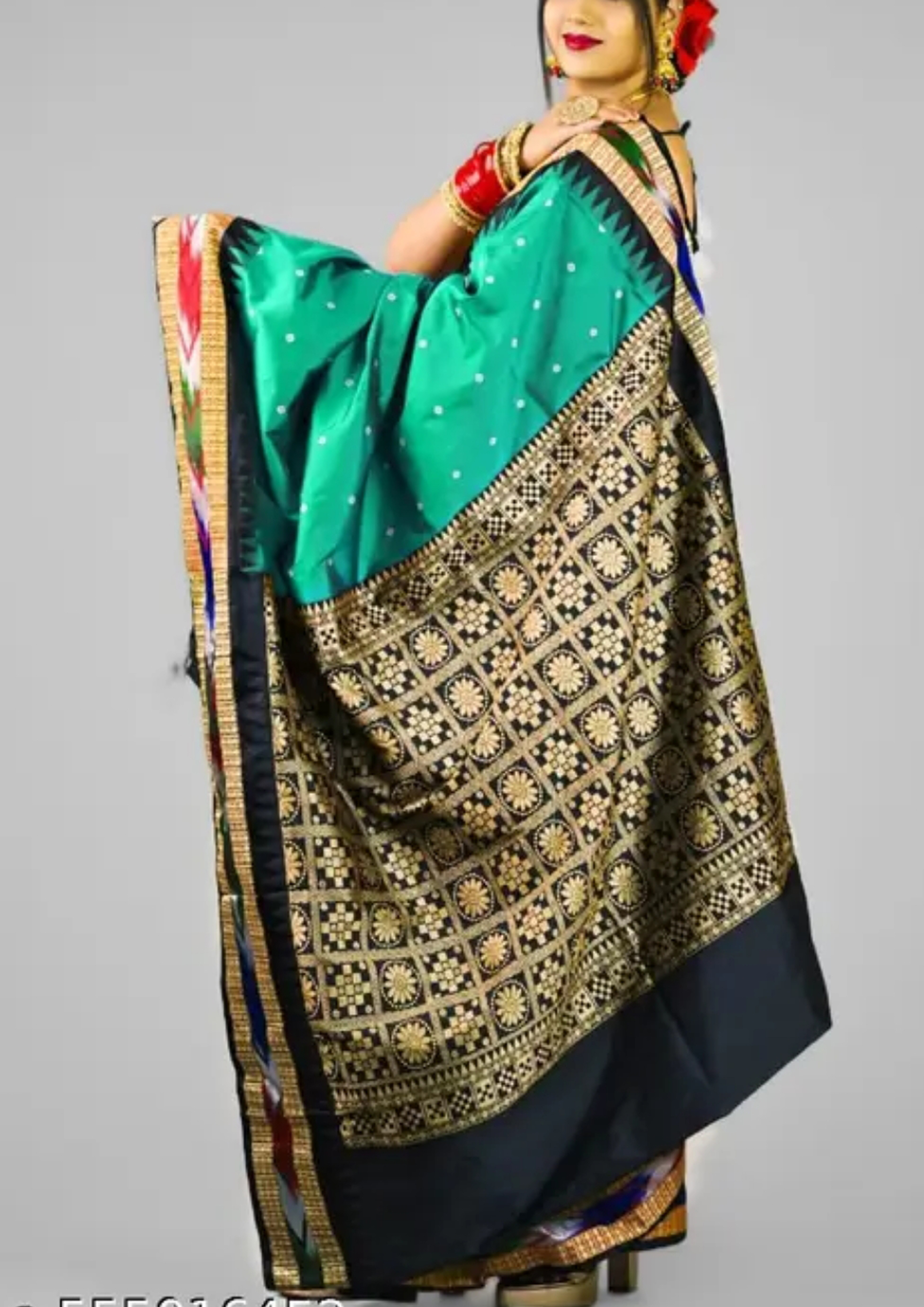 Sambalpuri Green Black  Embroidery Silk Saree Pasapalli Traditional Design With Blouse Piece 