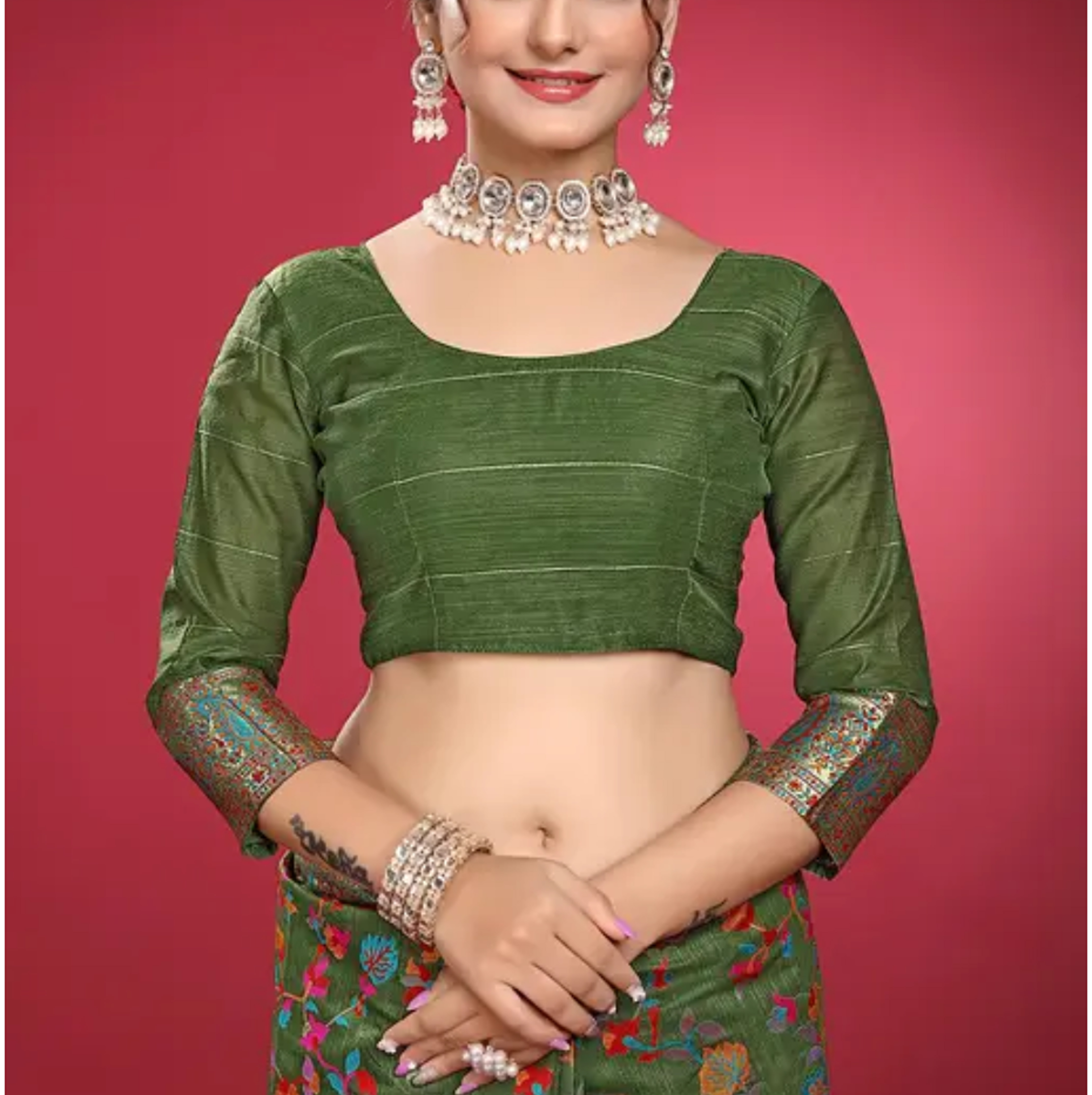  Kashmiri Pashmina Silk Olive Green Saree with Traditional Meenakari Work 