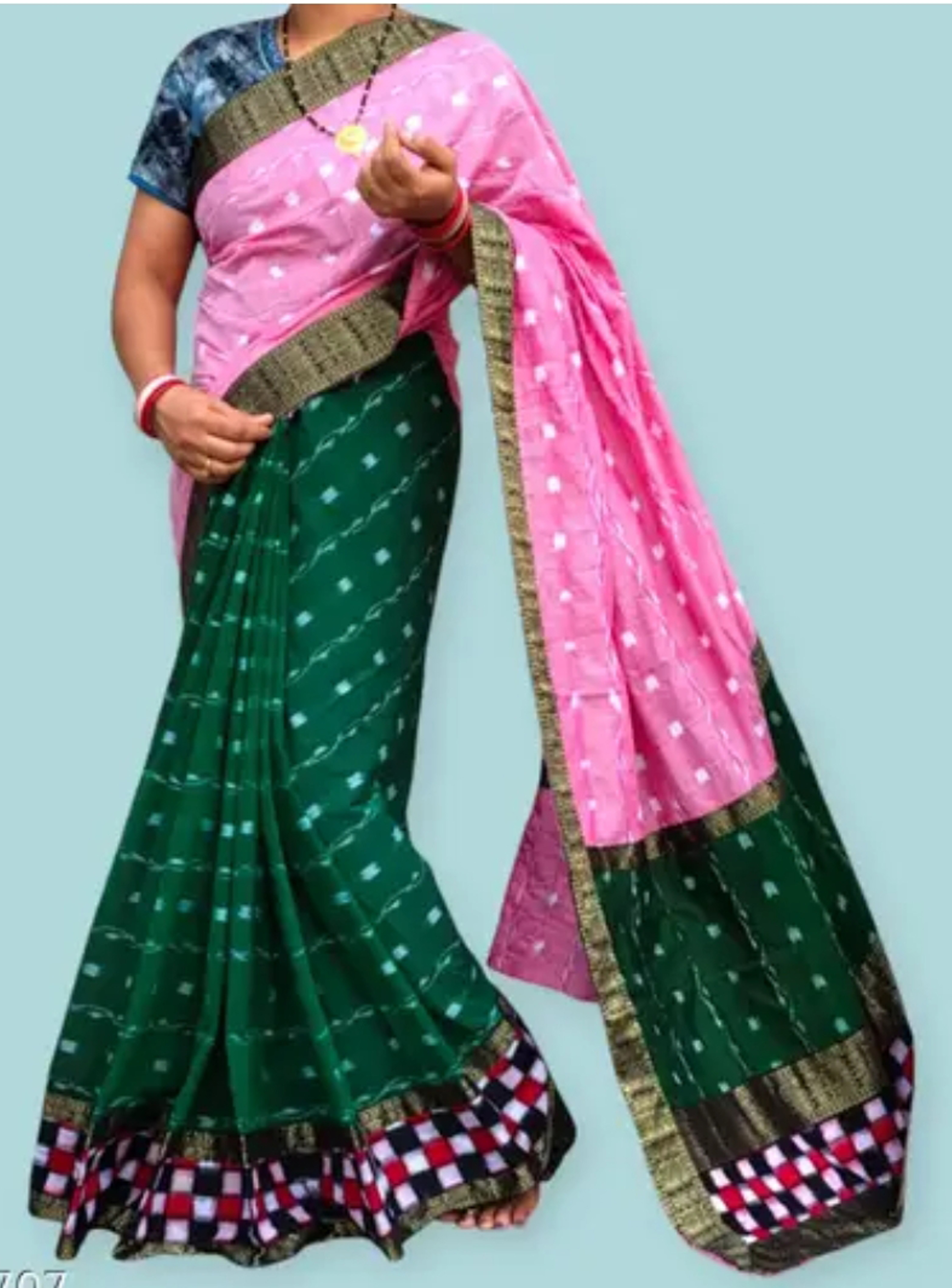 Sambalpuri Pink Green Embroidery Silk Saree Pasapalli Traditional Design With Blouse Piece