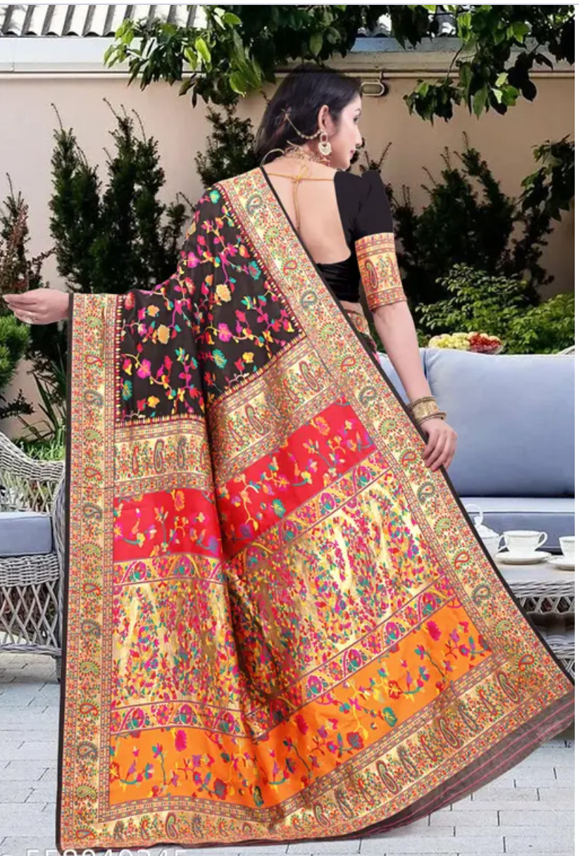 Kashmiri Pashmina Silk Sarees With Jalar on Pallu - Black Orange