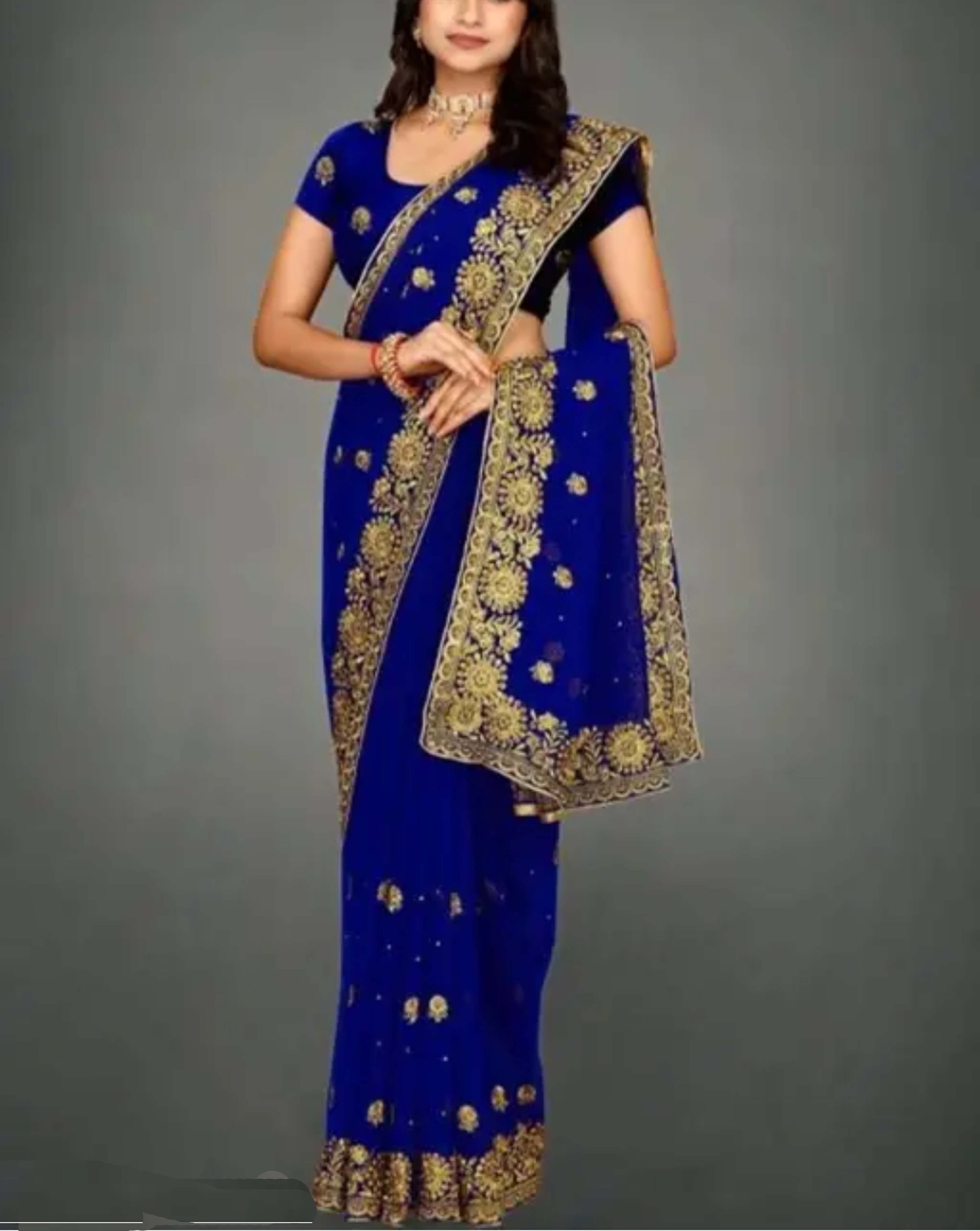 Georgette Heavy Embroidery Embroidered With Gola Design Pallu With Blouse Piece 