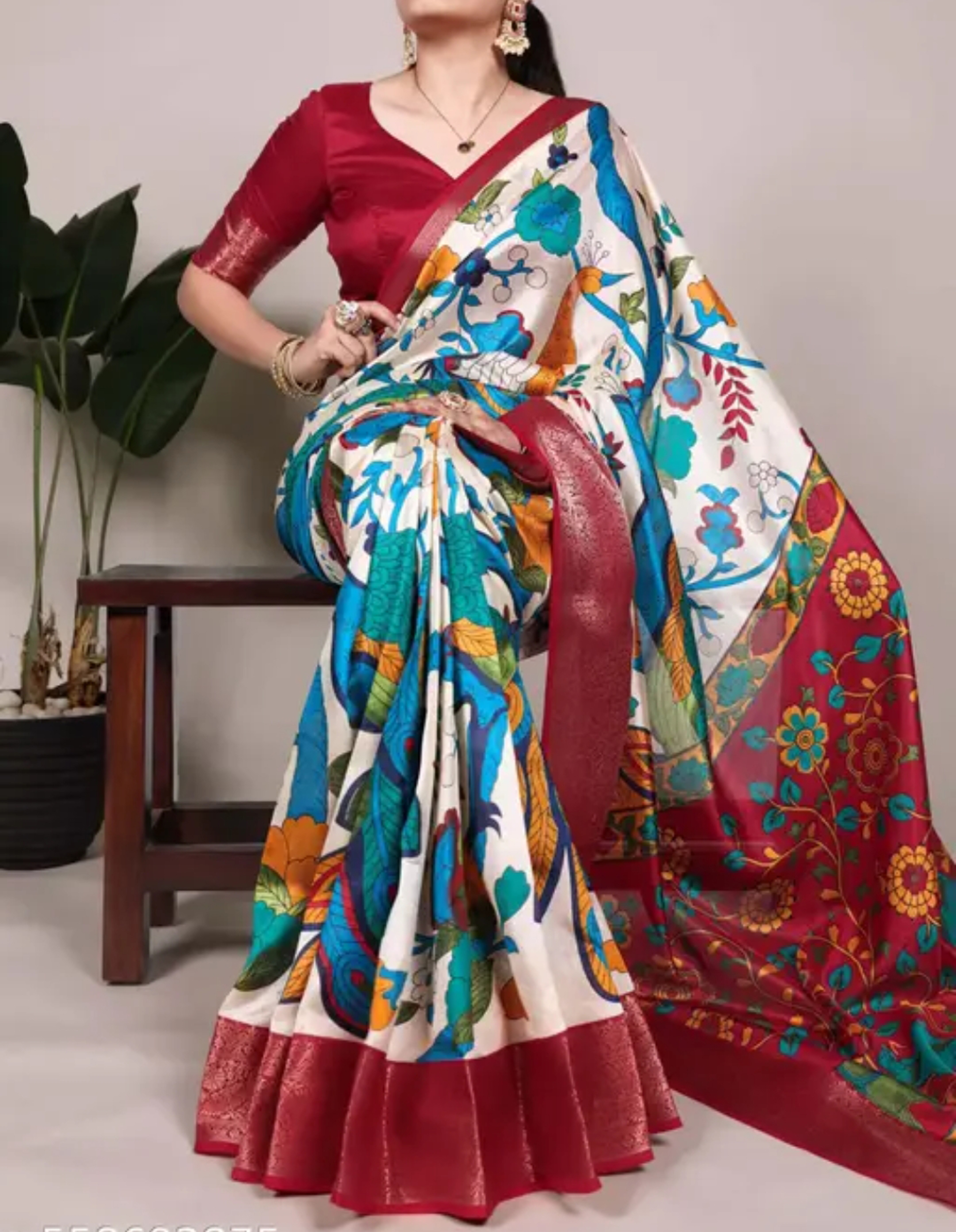 Premium Tussar Silk Hand Woven Floral Printed With Zari Weaving Saree