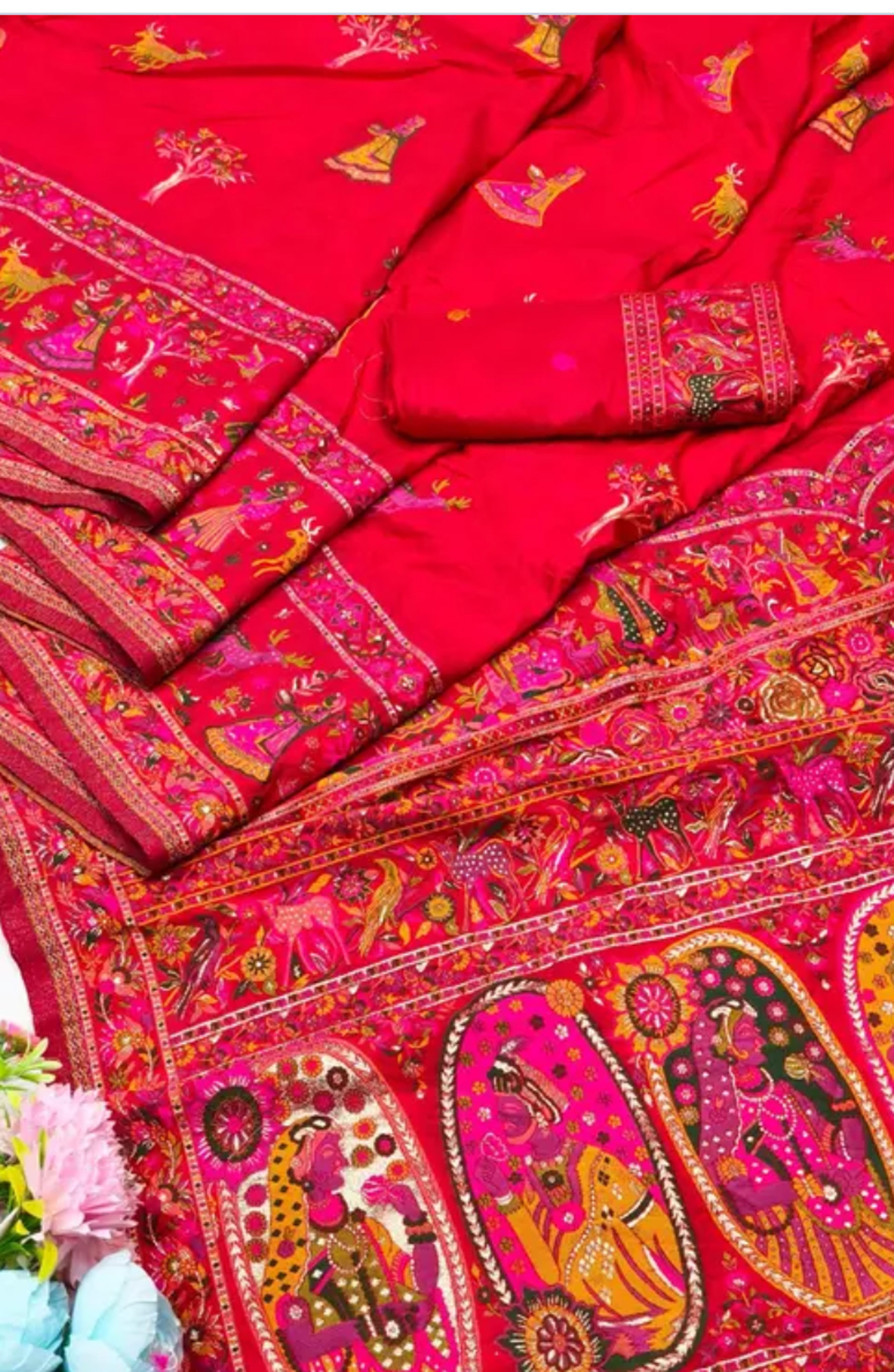  Kashmiri Pashmina Silk Red Saree with Traditional Mughal Design Meenakari Work 