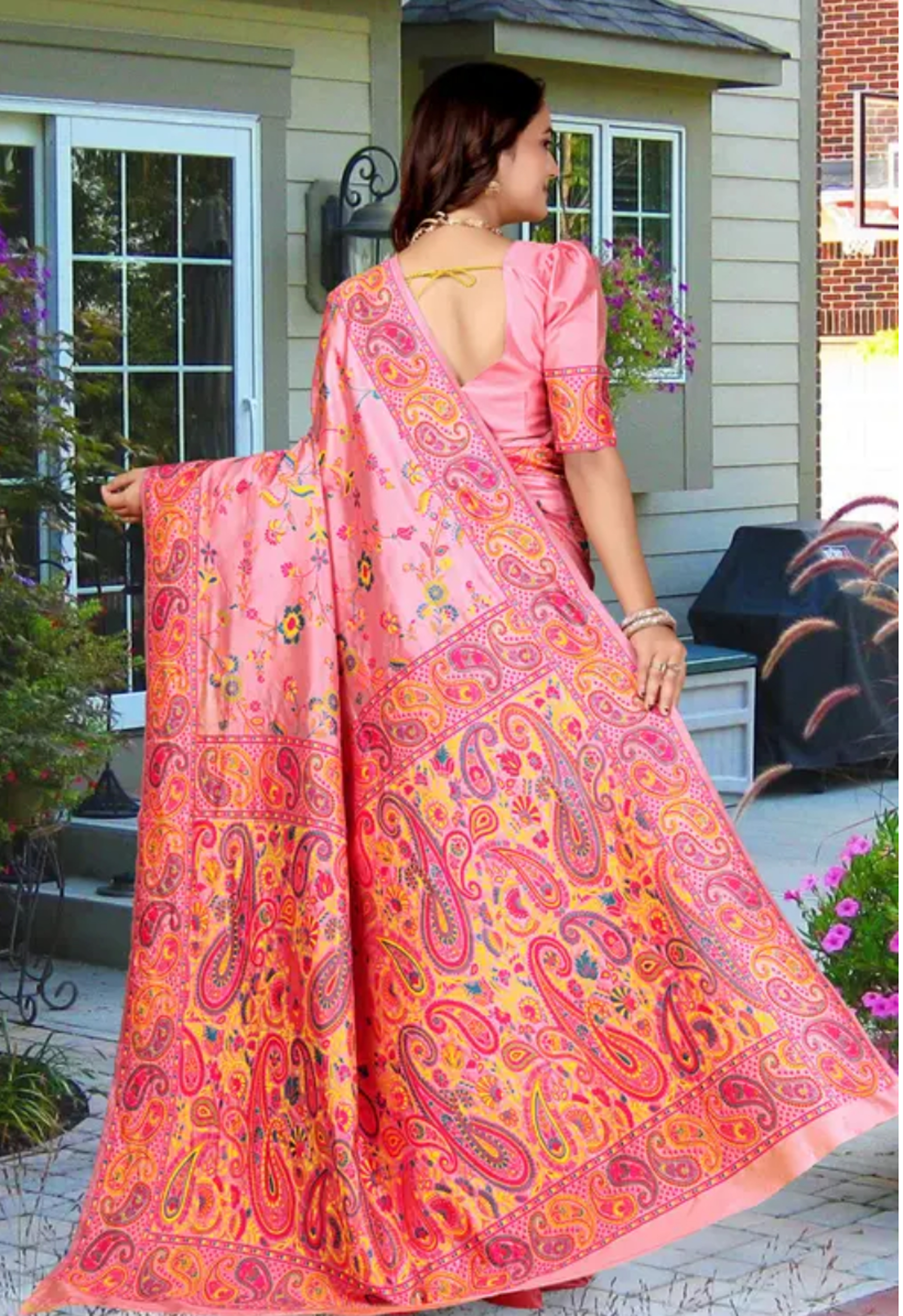  Kashmiri Pashmina Silk Pink Saree with Traditional Meenakari Work 