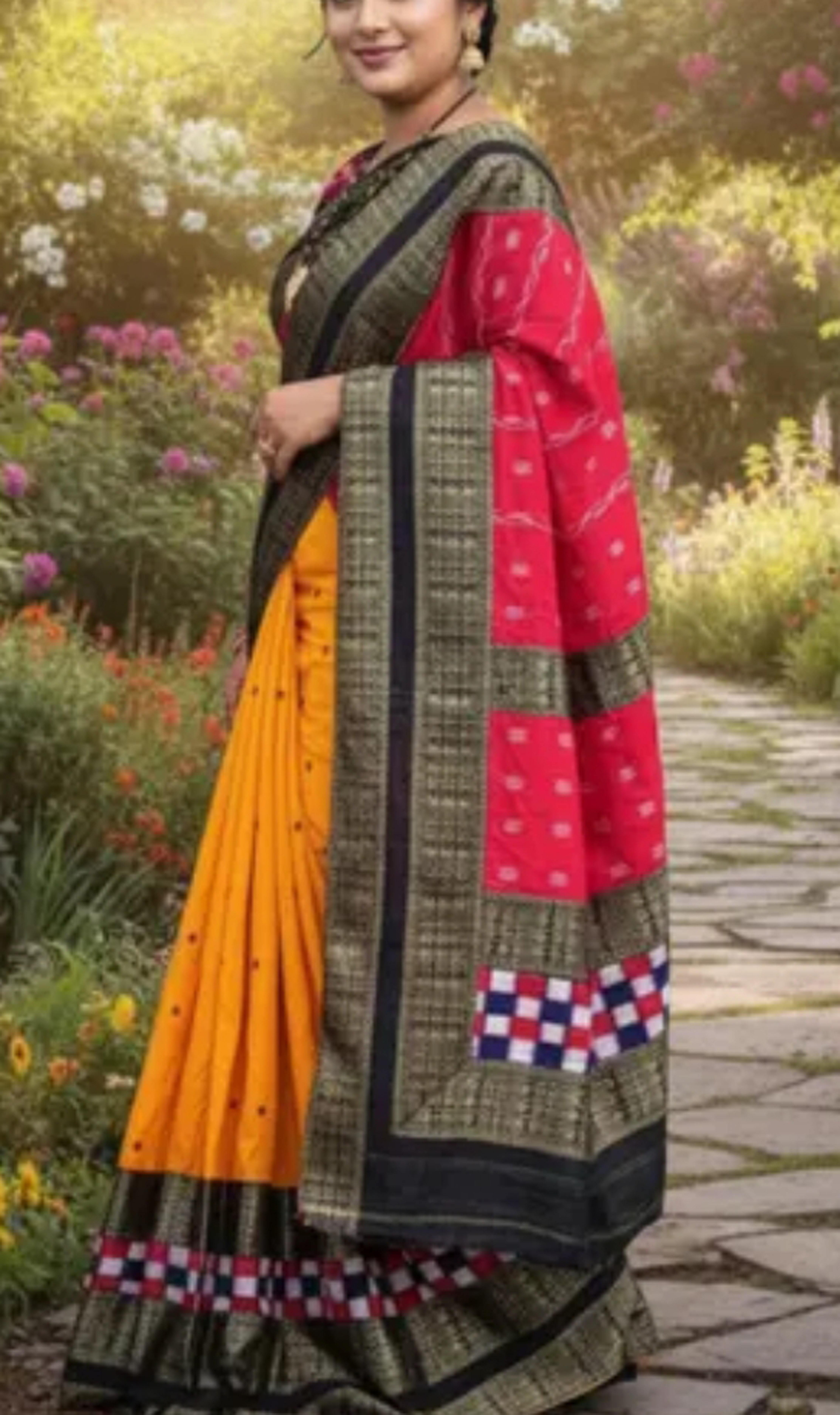 Sambalpuri Yellow Red Embroidery Silk Saree Pasapalli Traditional Design With Blouse Piece 