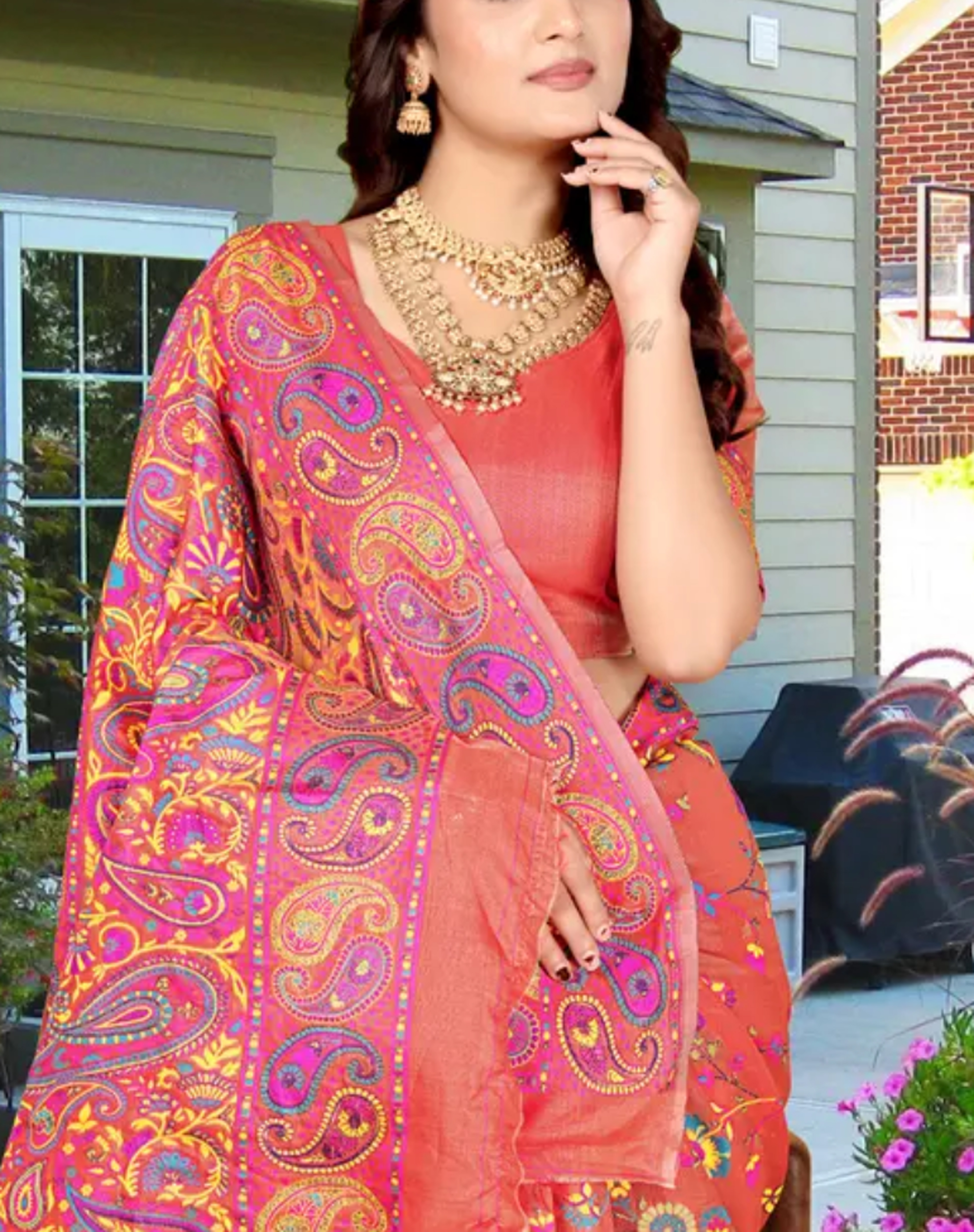  Kashmiri Pashmina Silk Peach  Saree with Traditional Meenakari Work 
