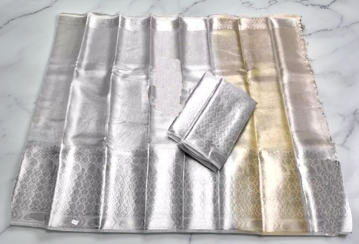 Bridal Silver Tissue Kanjivaram Silk Saree With Unstitched Blouse