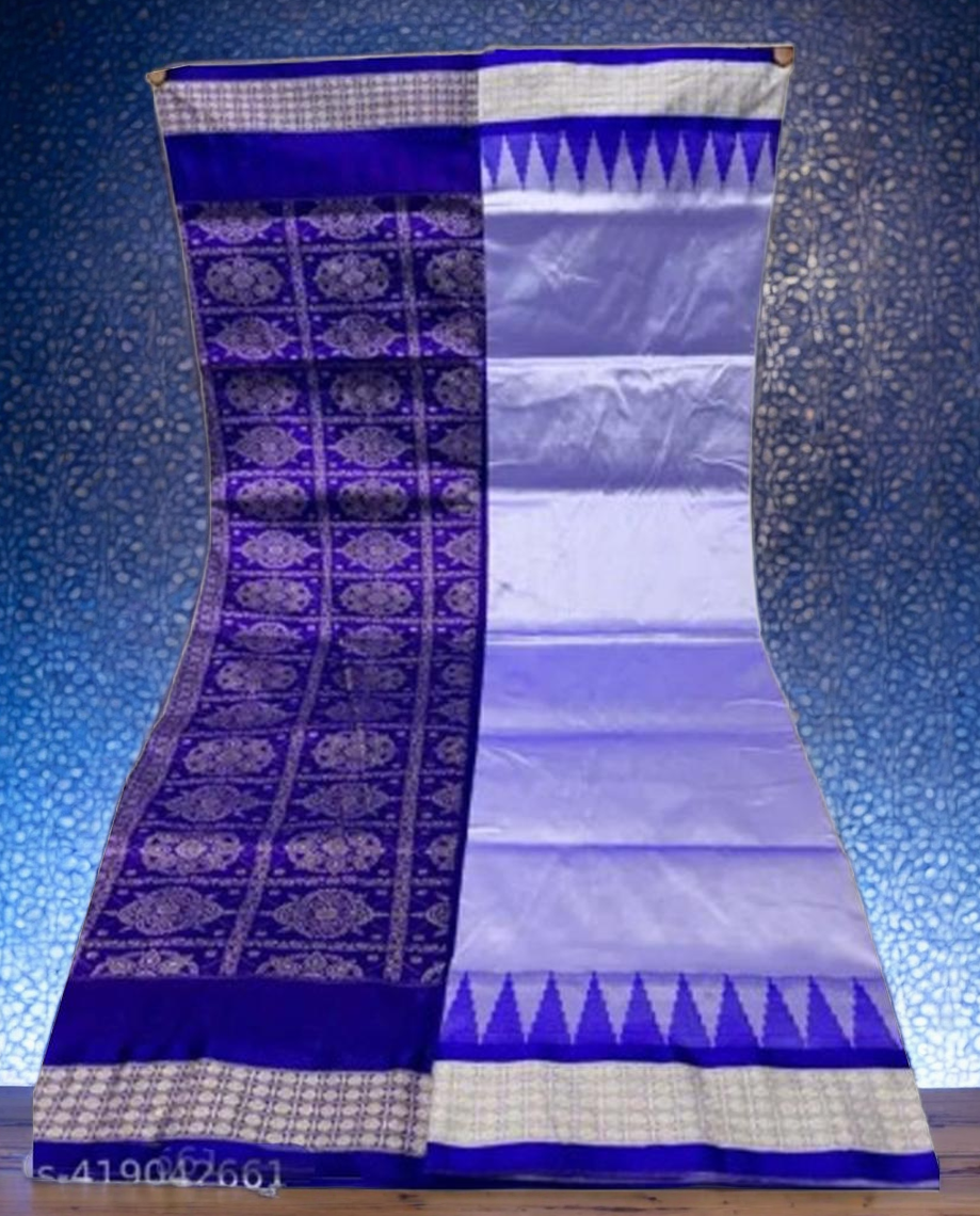 Jolly Women`s Sambalpuri Silk Saree Bomkai Border With Traditional Design with Blouse Piece -Blue