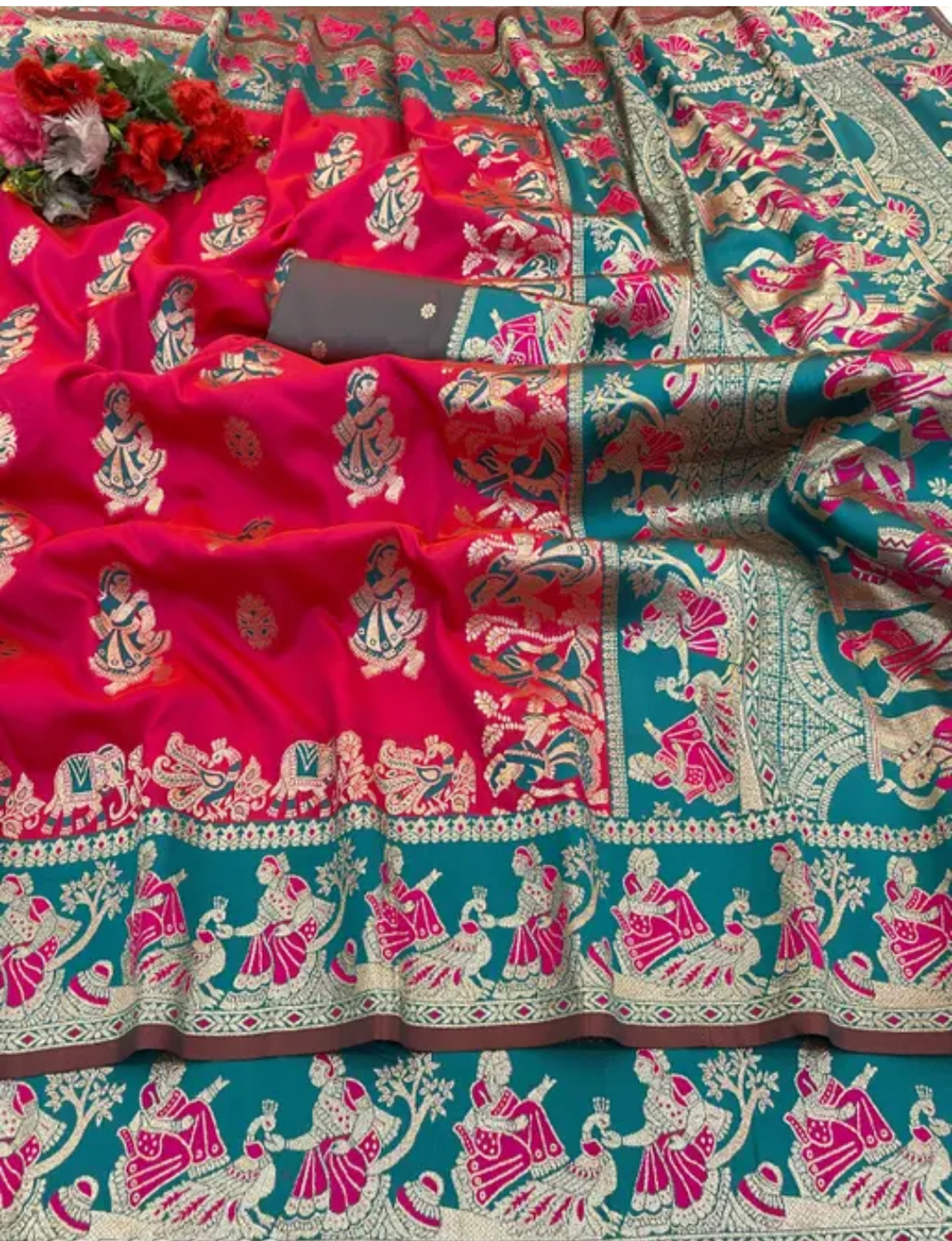 Pure Bridal Woven Baluchari Saree Handwoven Traditional Design With BP 