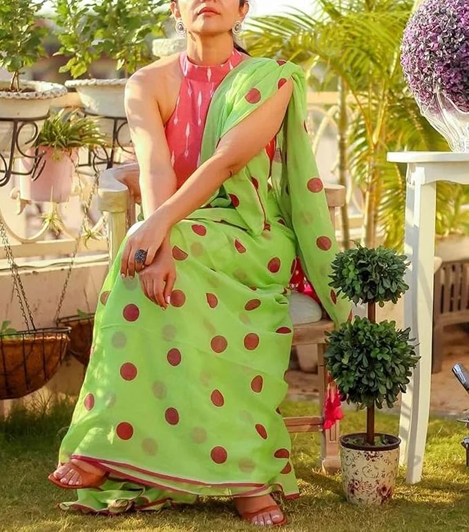Women`s Polka Soft Georgette Embellished With BP - Pista Green