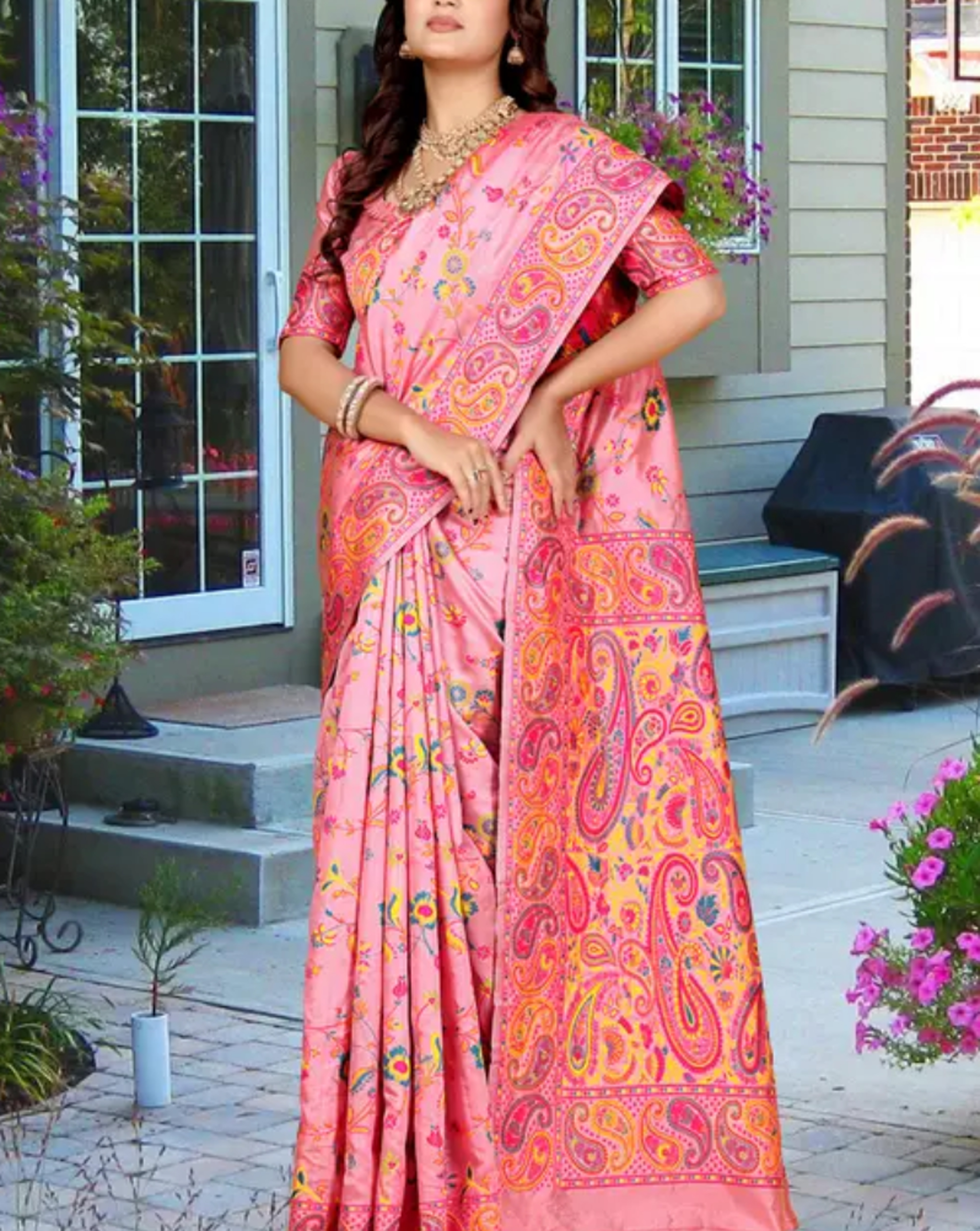  Kashmiri Pashmina Silk Pink Saree with Traditional Meenakari Work 