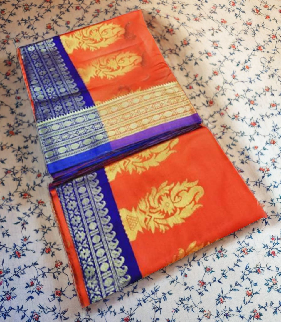 Jolly Women`s Bomkai Silk Saree With Traditional Design with Blouse Piece (Orange Blue)