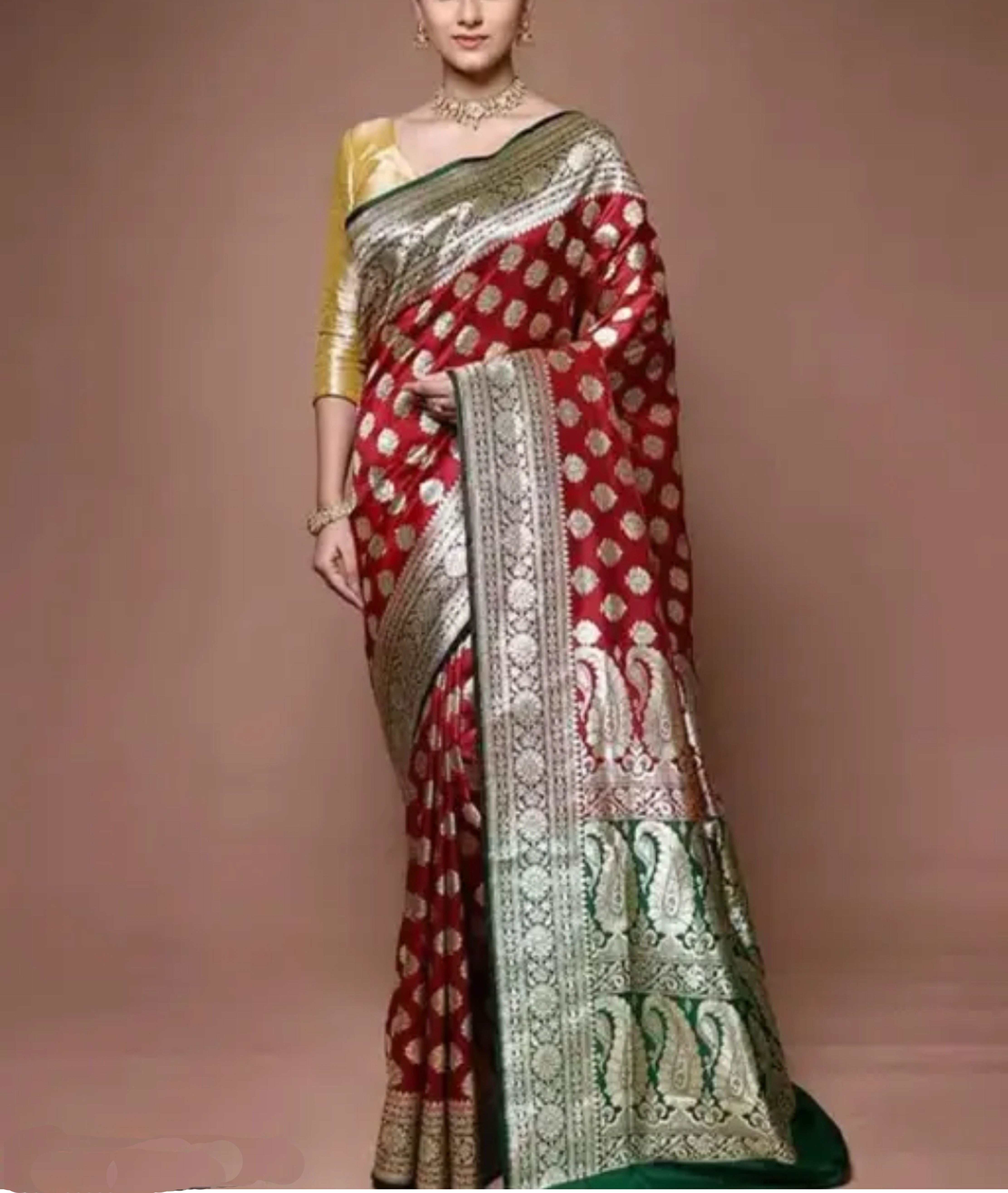 Bridal Banarasi Katan Silk Saree Contrast Design Dual Tone with All over Golden Zari Border