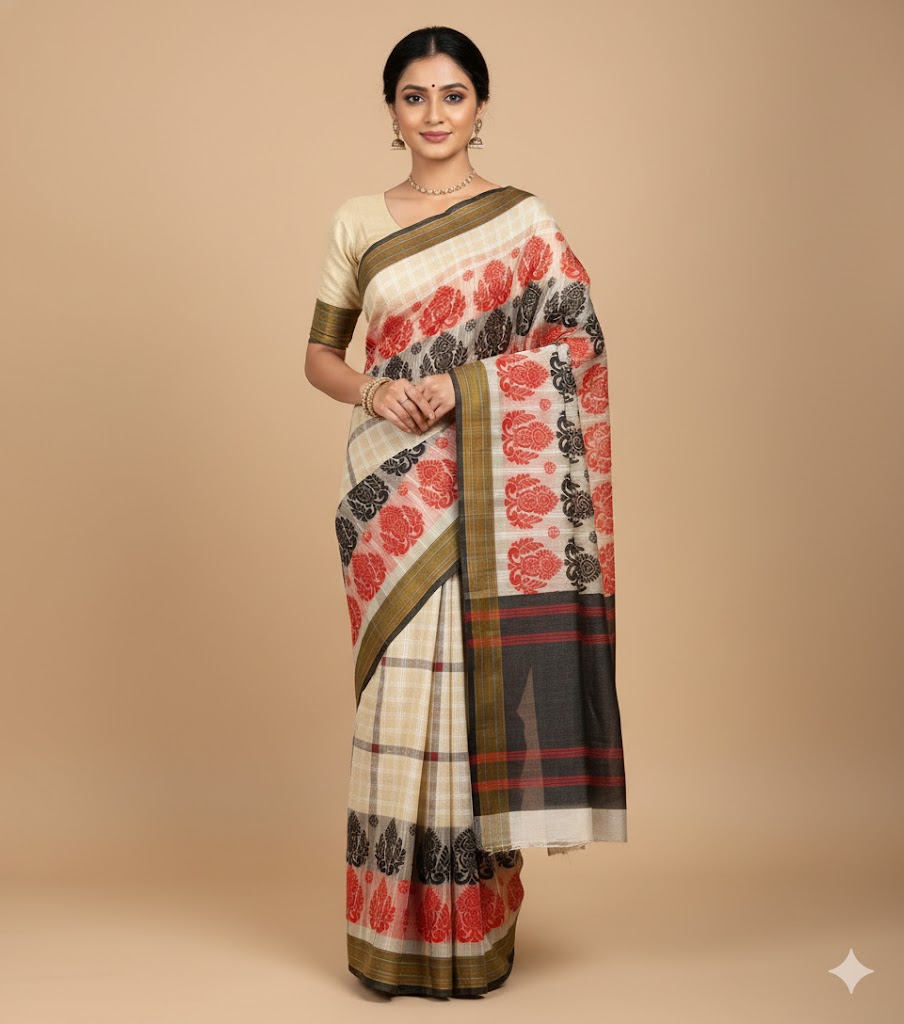 Women`s Assamese Mekhela Sador Paat Santal Panchi Lungi Parhar Fabric of Soft Silk Traditional Design- Cream Red Black