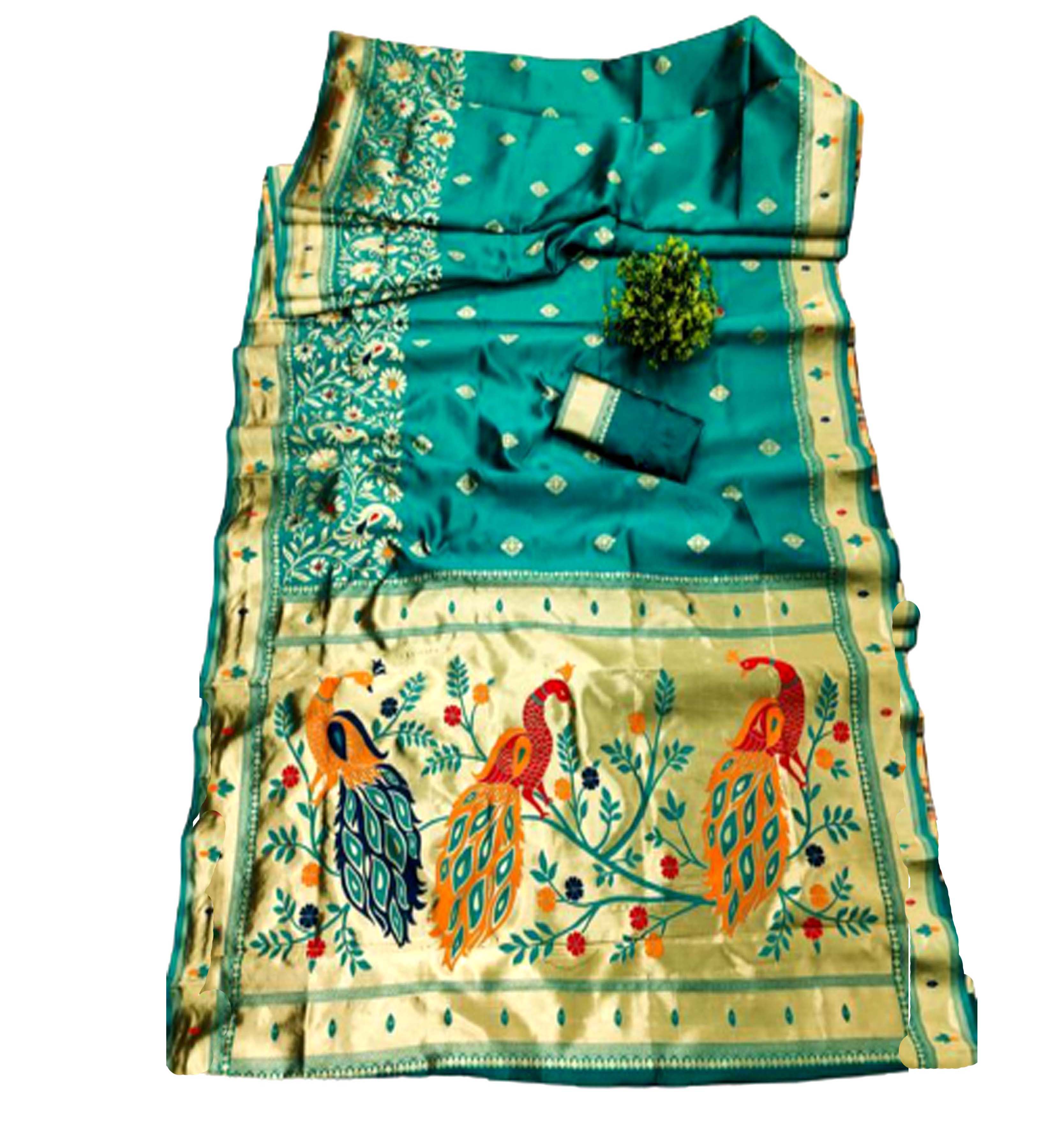 Paithani Silk Saree With Traditional Woven Peacock Design with Contrast Blouse Piece