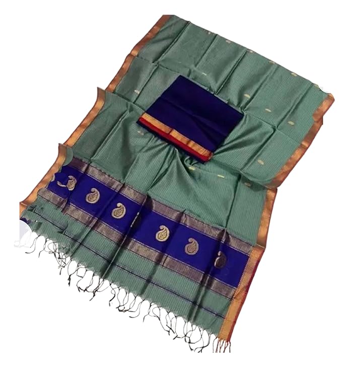 Women’s Handloom Cotton Silk Saree Mango Design Pure Fine By Fulia Tant With Blouse- Turquoise Blue