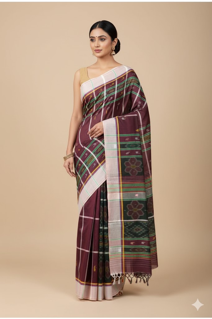 Adibasi Tribal Santali Cotton Saree Panchi Lumang Embroidered Brown