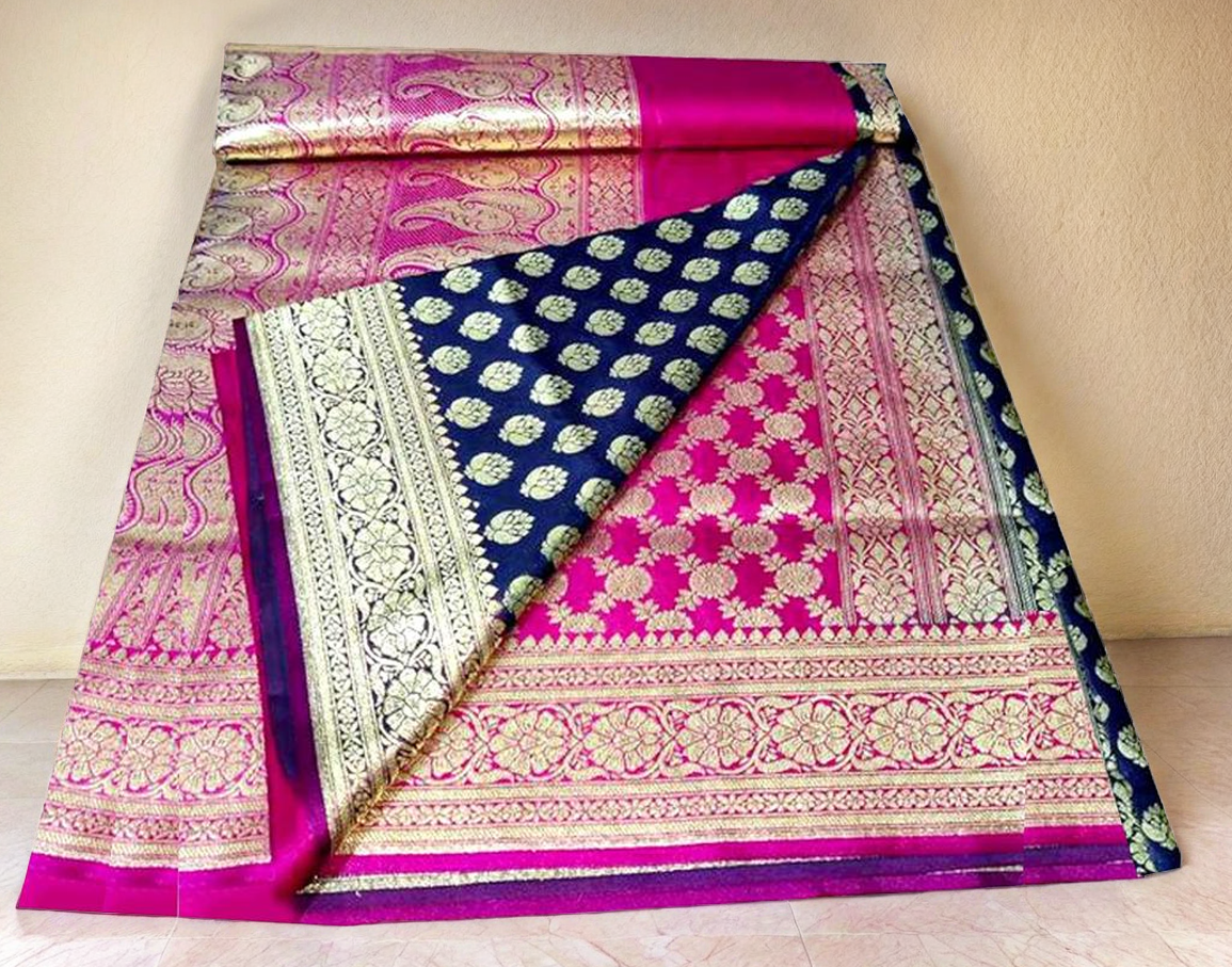 Womens Jacquard Banarasi Katan Silk Saree With All Over Golden Zari Border - Navy Blue Rani Pink