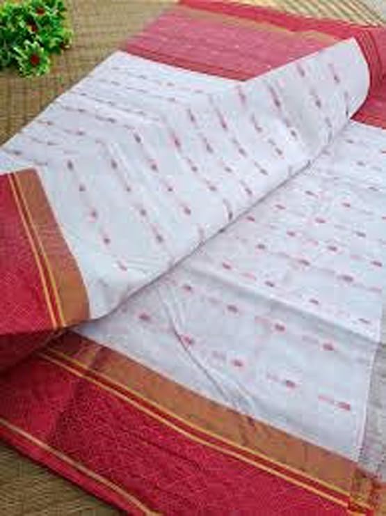 Women’s Tant Saree Pure Fine Cotton By Fulia Handloom Without Blouse - White Red