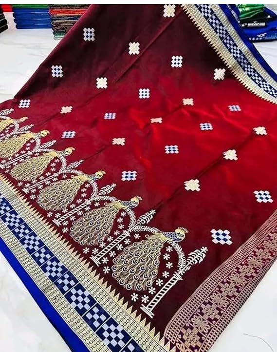 Sambalpuri Embroidery Satin Silk Saree Peacock Design with Blouse Piece 