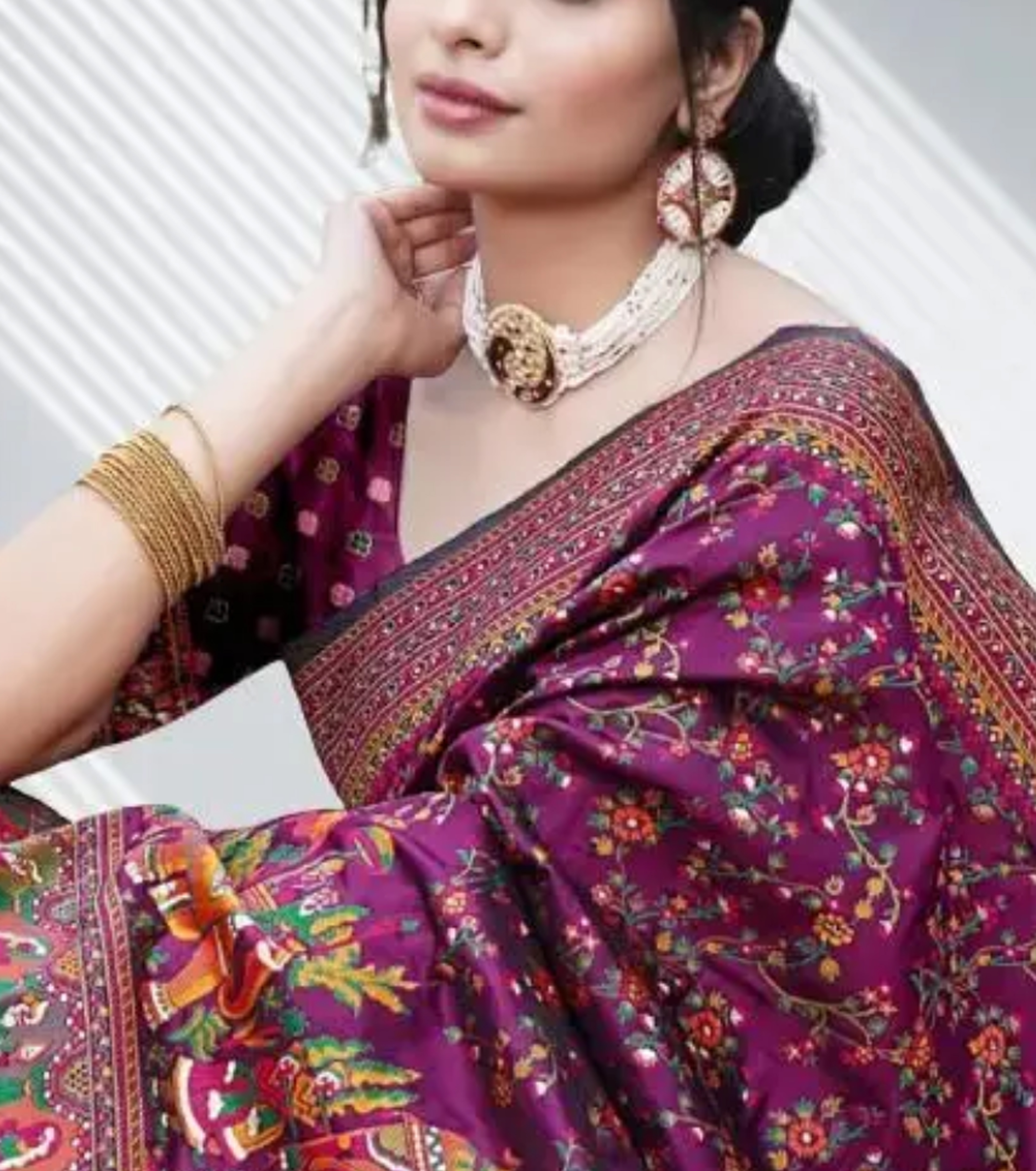  Kashmiri Pashmina Silk Purple Saree with Traditional Meenakari Work 