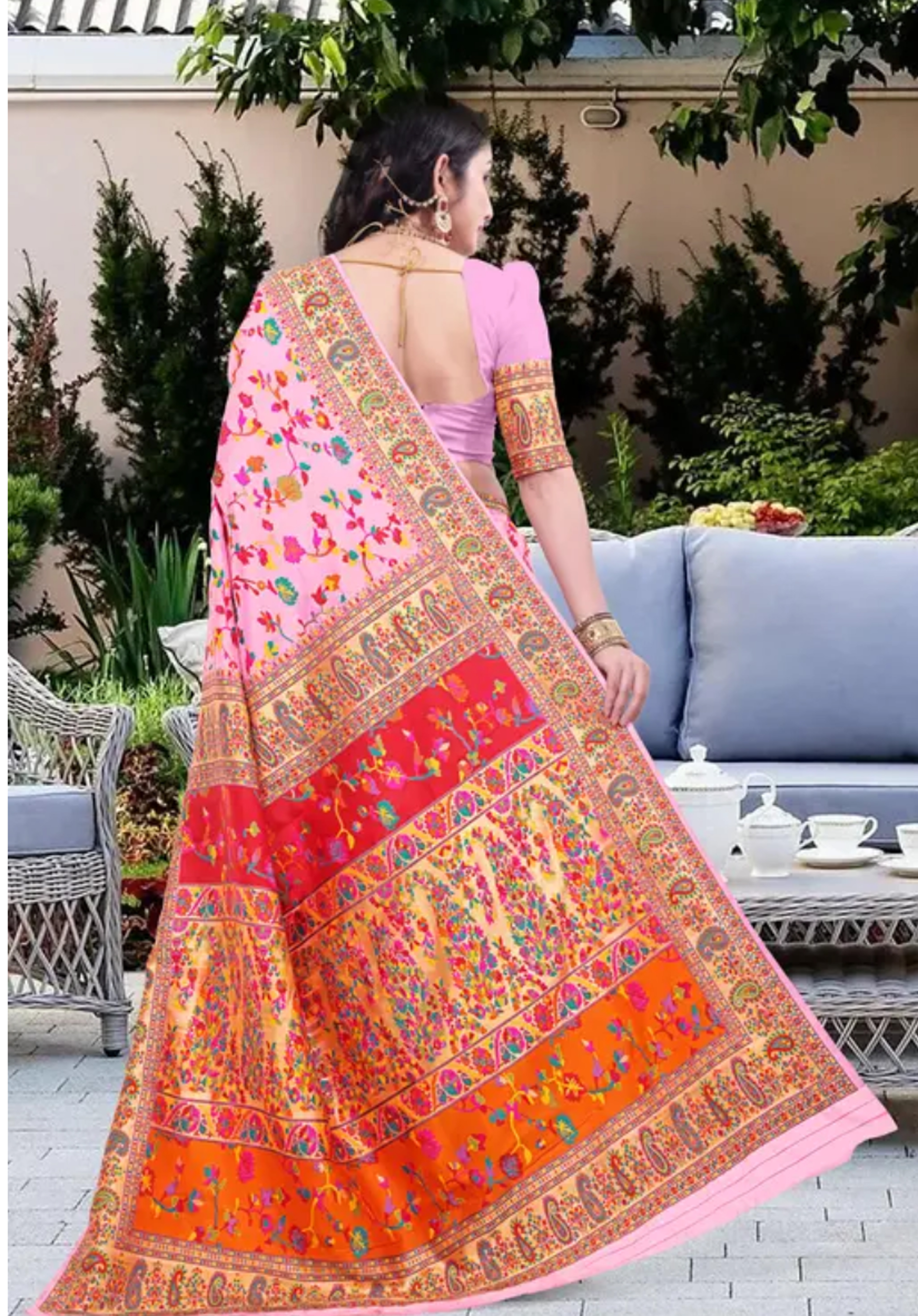  Kashmiri Pashmina Silk Pink Saree with Traditional Meenakari Work 