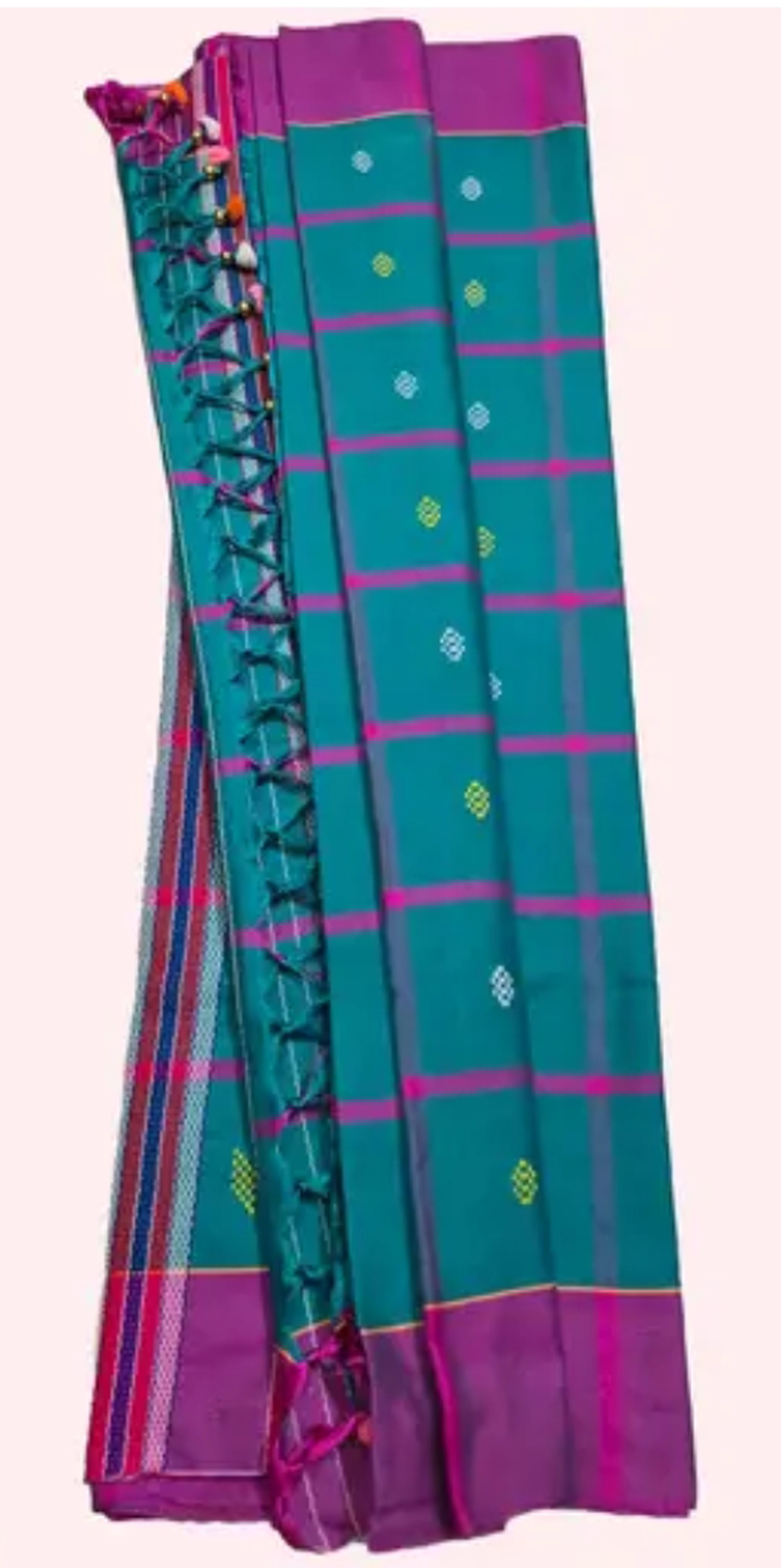 Adibasi Tribal Santali Cotton Saree Panchi Lumang Embroidered Green Pink