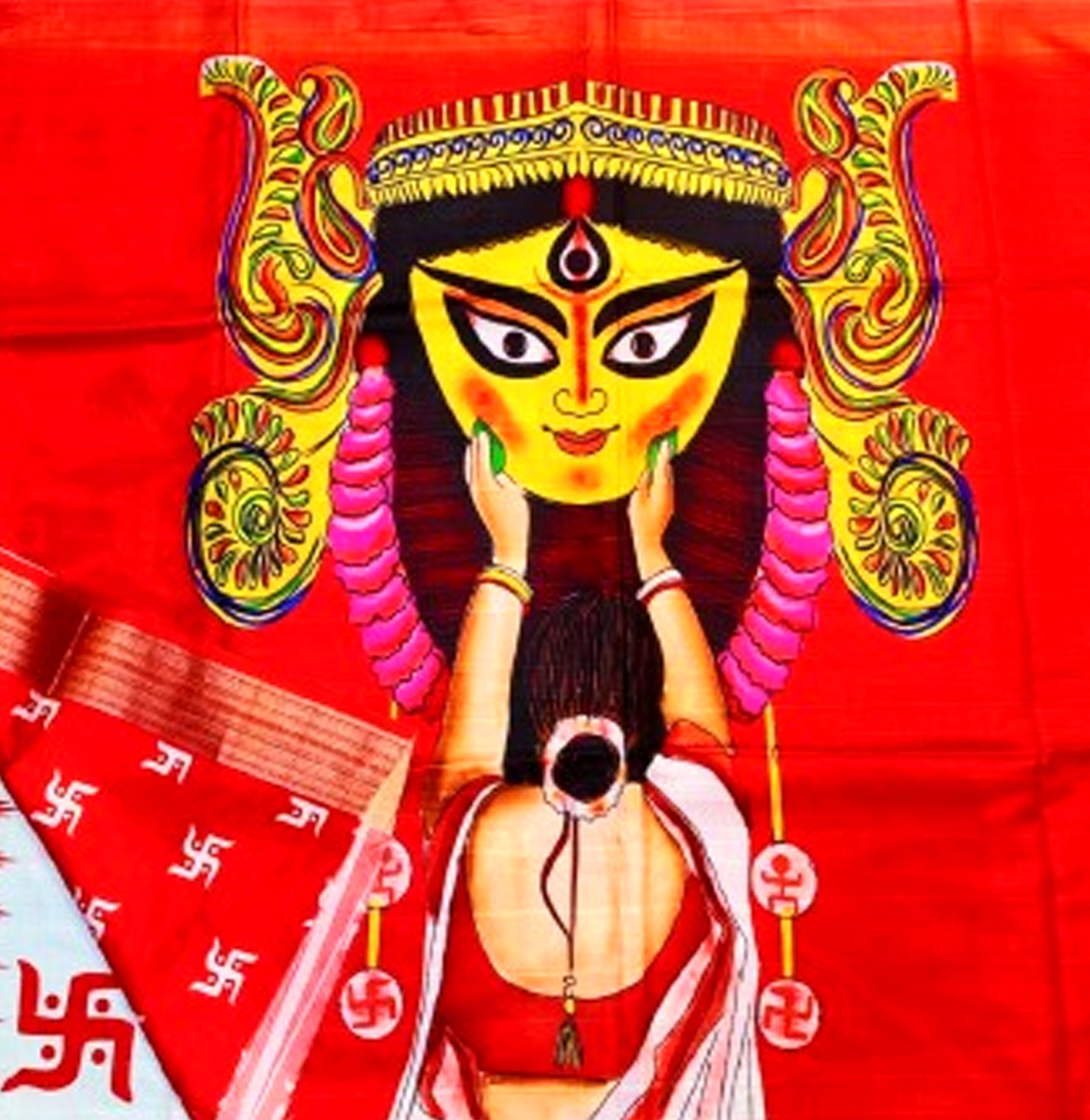 Jolly Durga Puja Saree - White Red