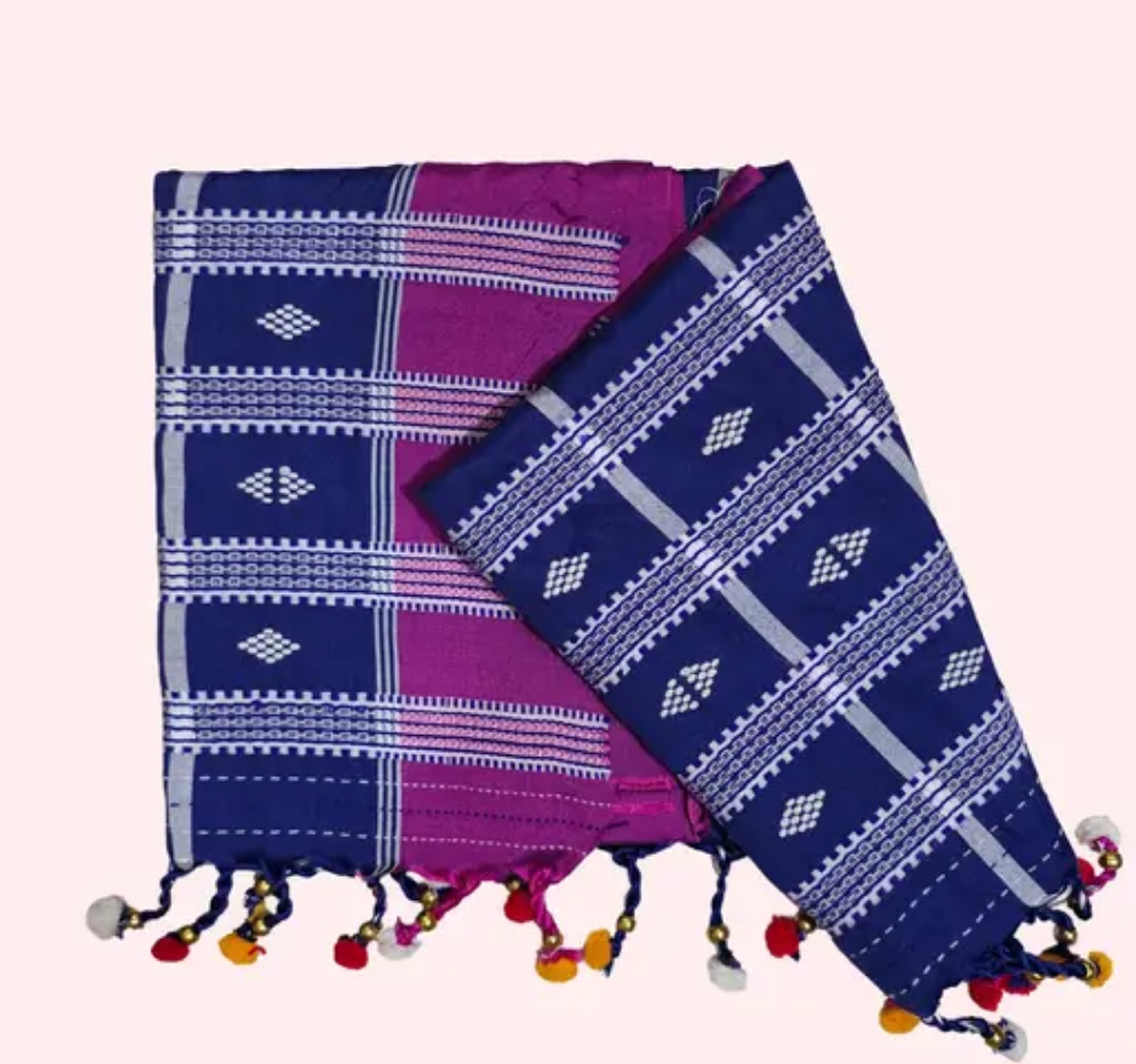 Adibasi Tribal Santali Cotton Saree Panchi Lumang Embroidered Blue Pink