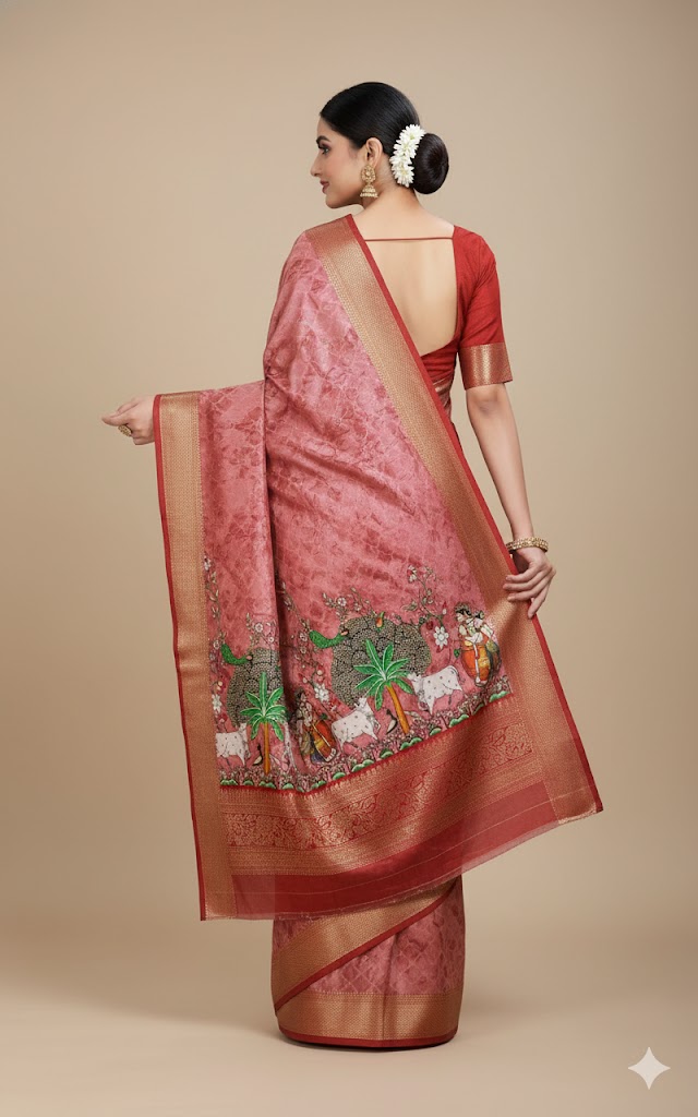 Jolly Bhagalpuri Radha Krishna Zari Woven Traditional Saree -Pink Red