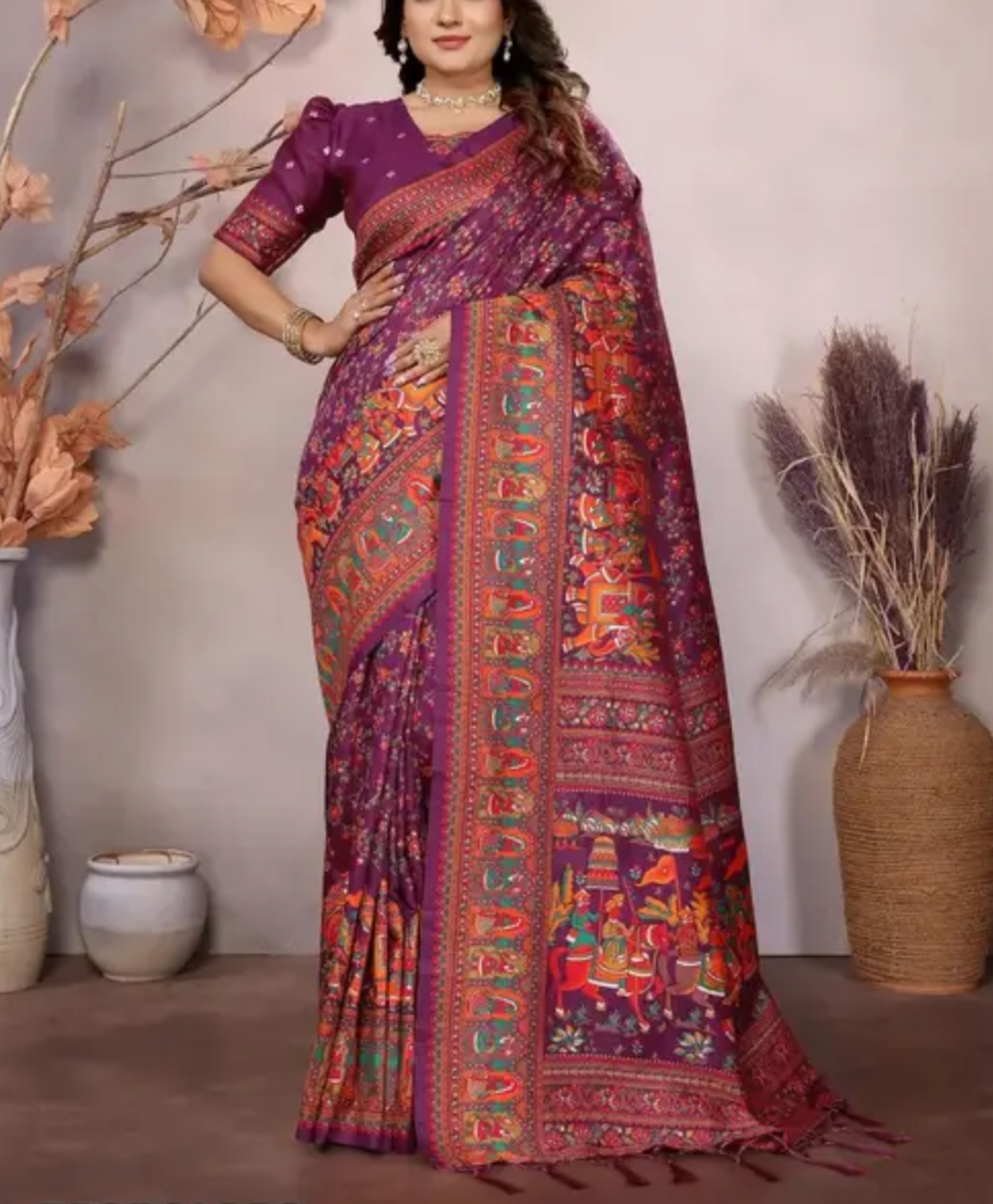  Kashmiri Pashmina Jamawar Silk Purple Saree with Traditional Meenakari Work  