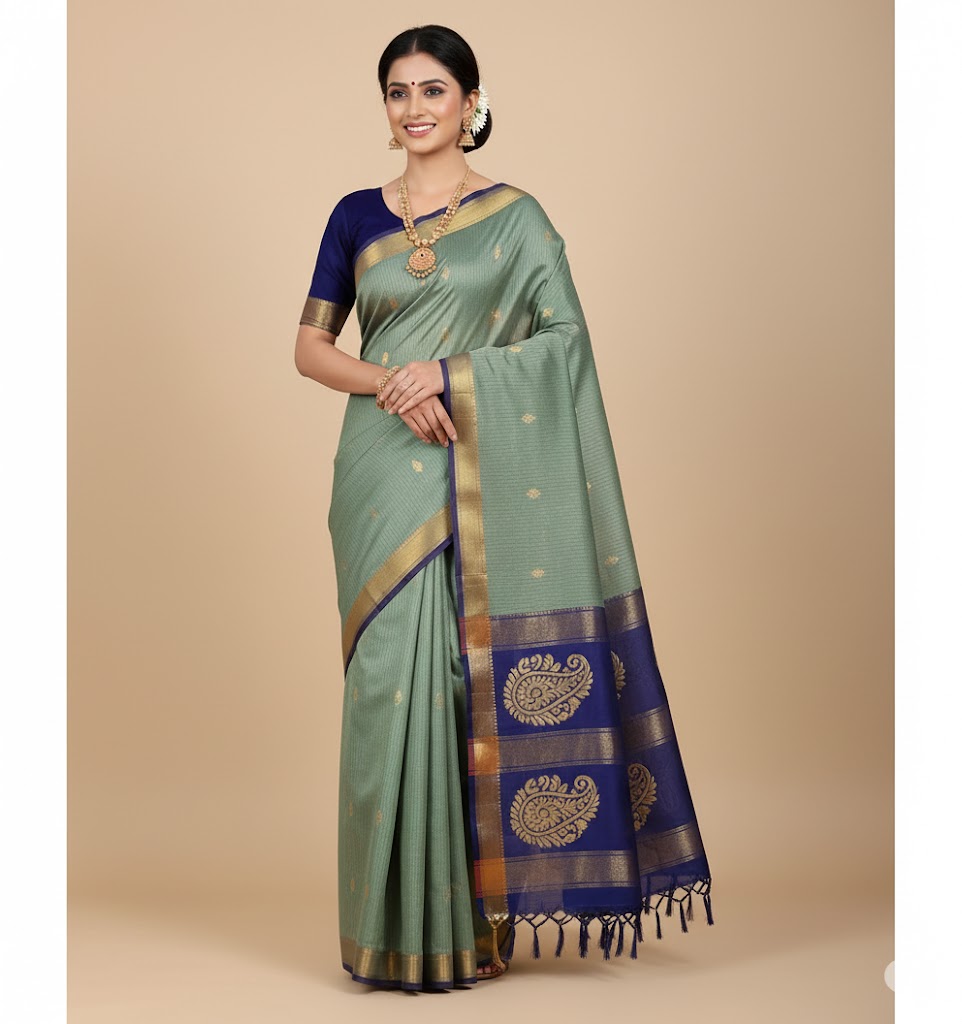 Women’s Handloom Cotton Silk Saree Mango Design Pure Fine By Fulia Tant With Blouse- Turquoise Blue