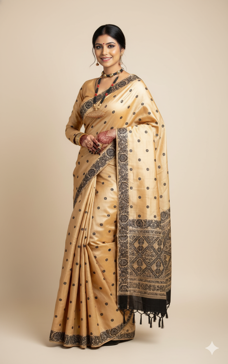 Assamese Mekhela Sador Santal Panchi - Cream