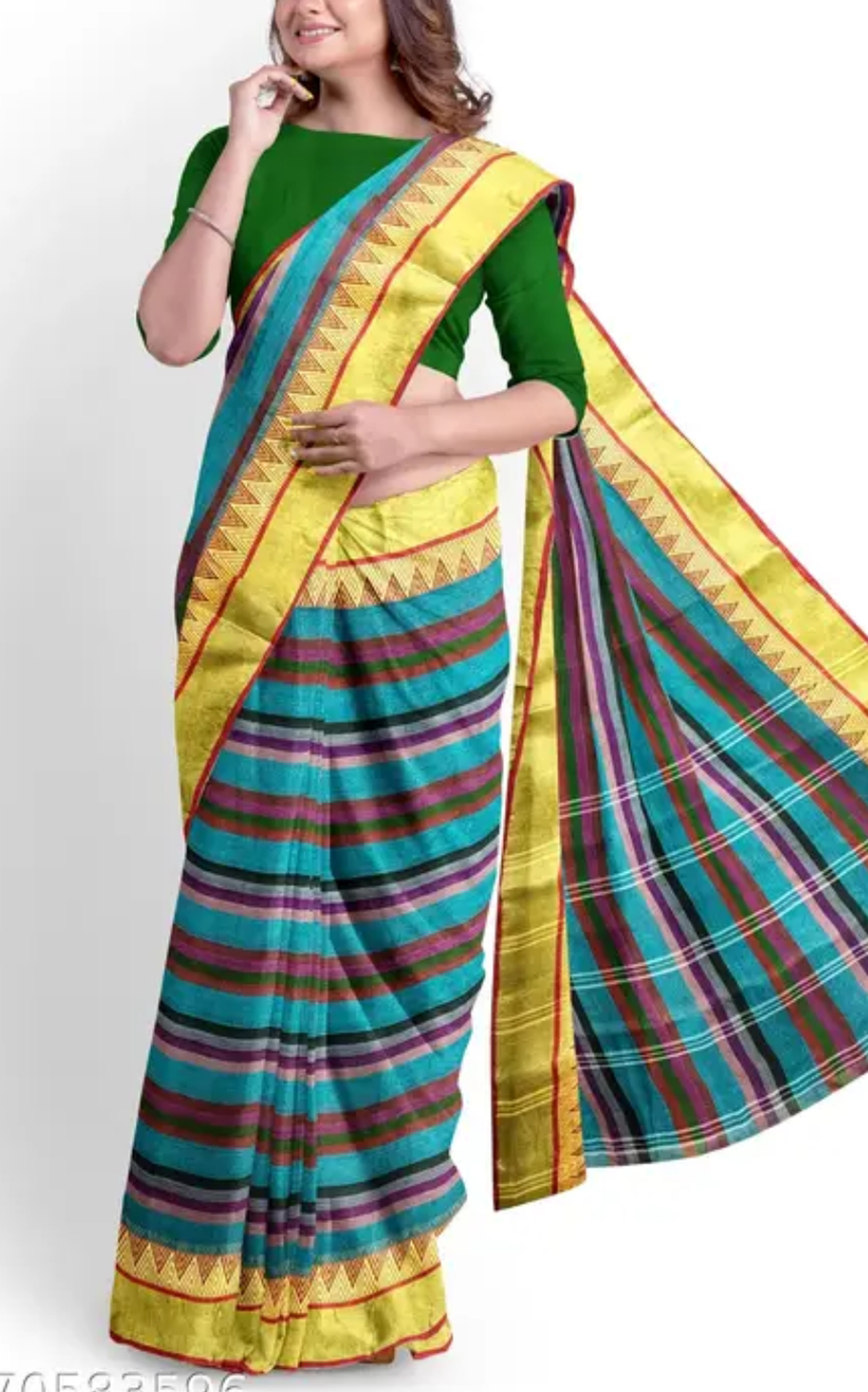 Yellow Blue Kunbi Goa Saree Handwoven Traditional Design With BP  