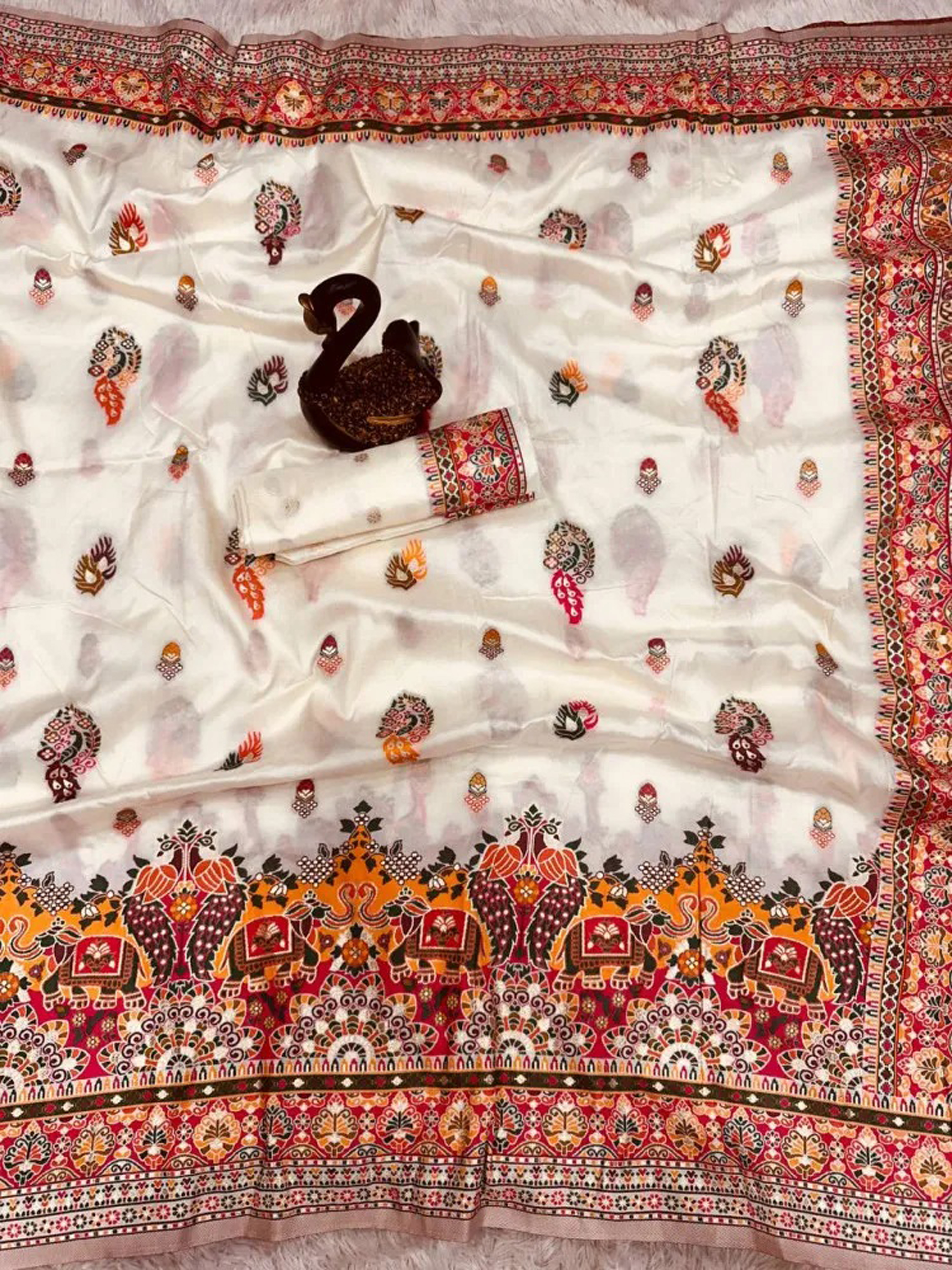 Kashmiri Pashmina Silk White Cream Saree with Traditional Meenakari Work