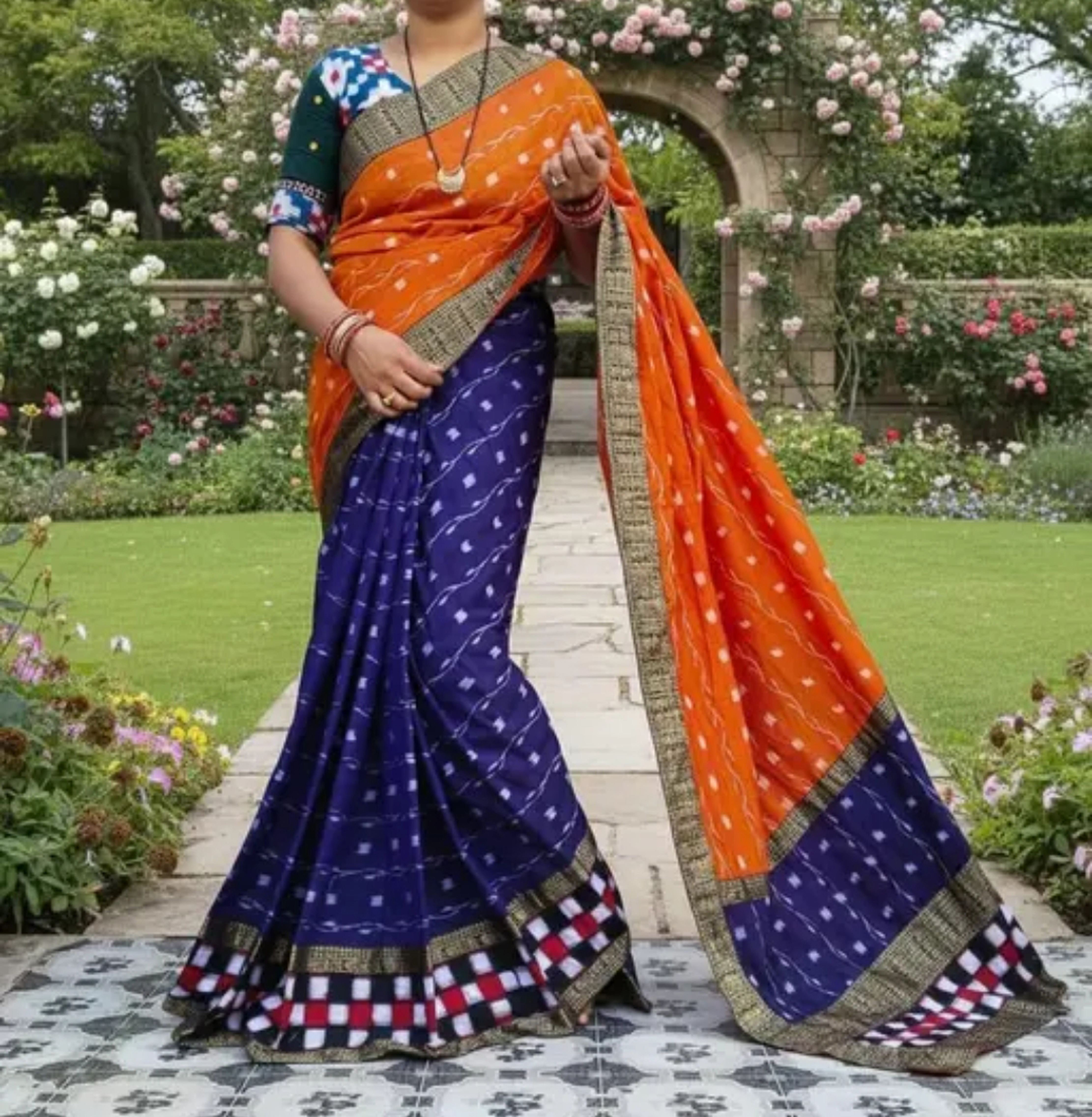 Sambalpuri Orange Blue Embroidery Silk Saree Pasapalli Traditional Design With Blouse Piece 