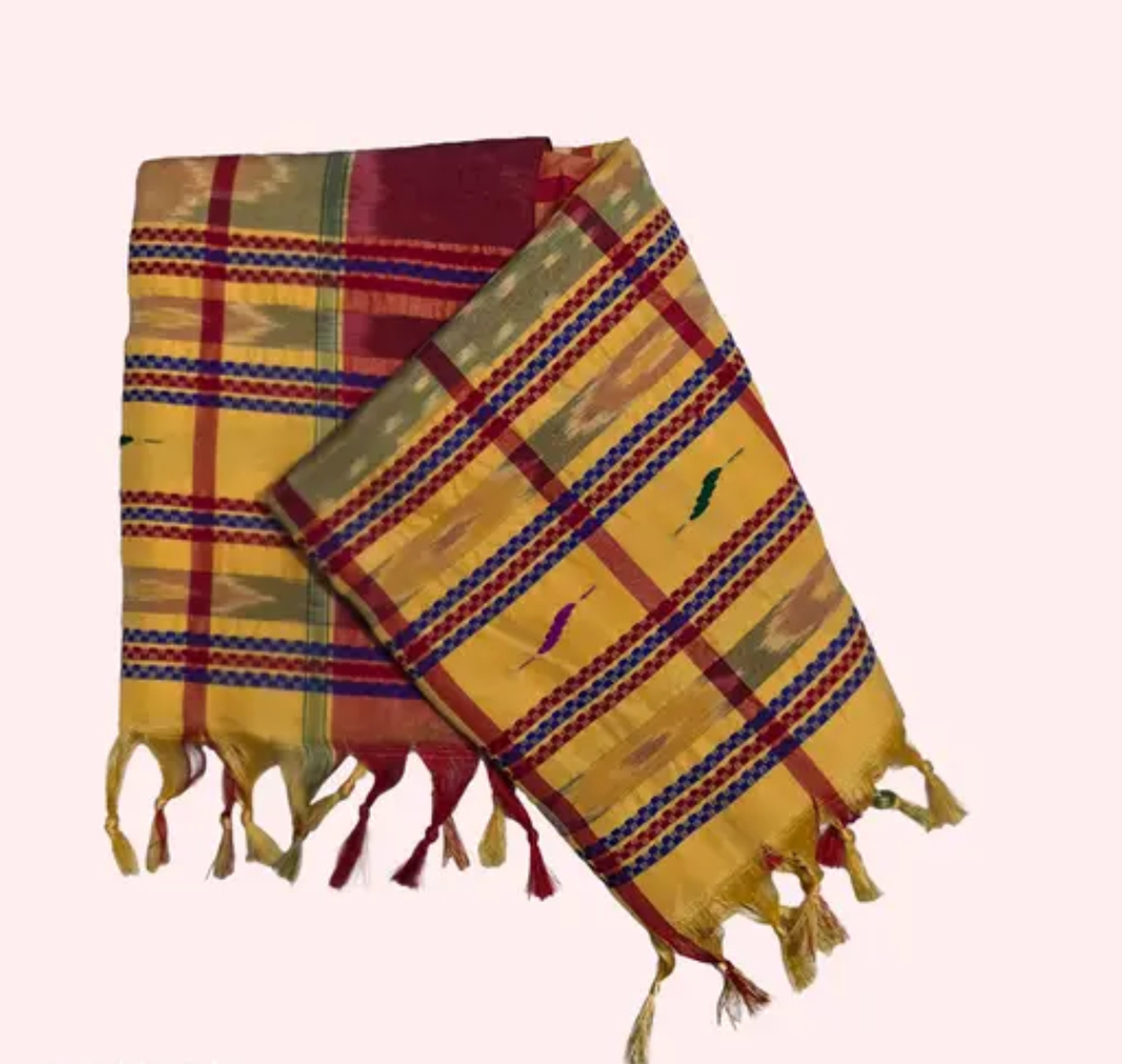 Adibasi Tribal Santali Cotton Saree Panchi Lumang Embroidered Gold Red