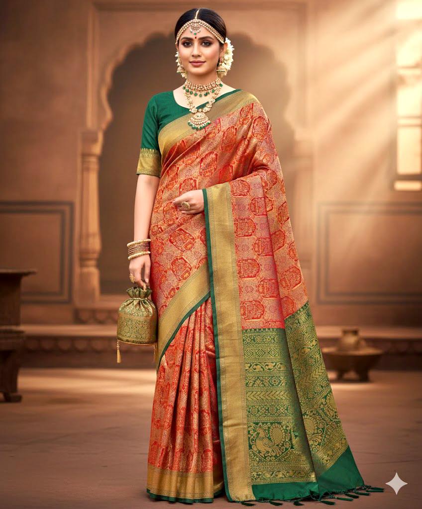 Red Green Kanjivaram Bridal Silk Saree With Zari Rich Pallu Unstitched Blouse