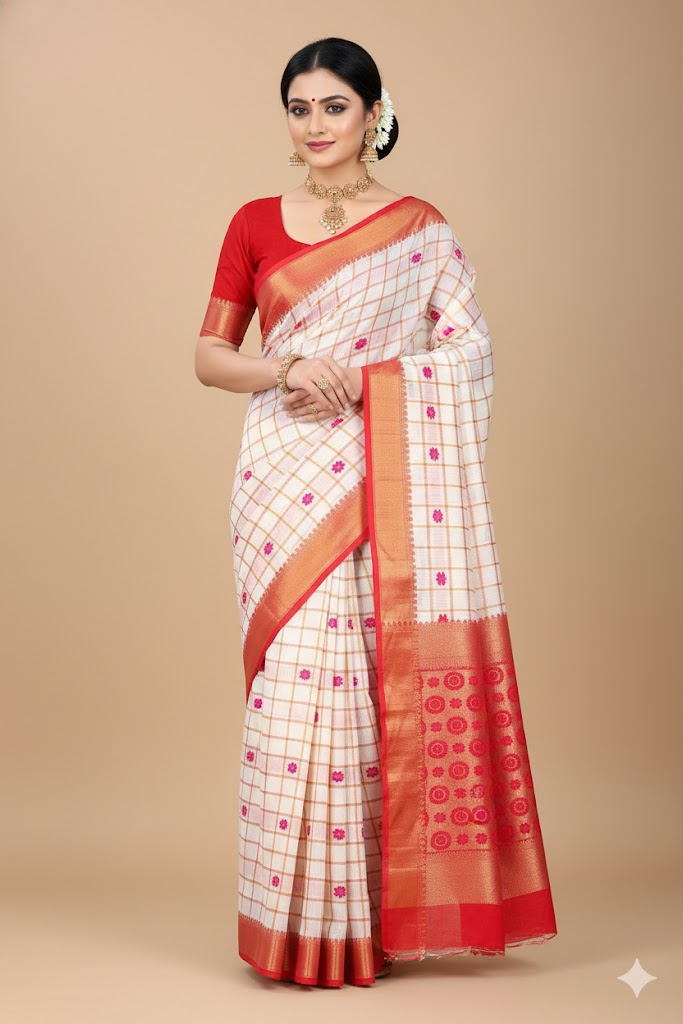 Women`s Assamese Mekhela Cotton Sador Jura Santal Panchi Parhar Pure Fabric Soft Traditional Design- Pink Red
